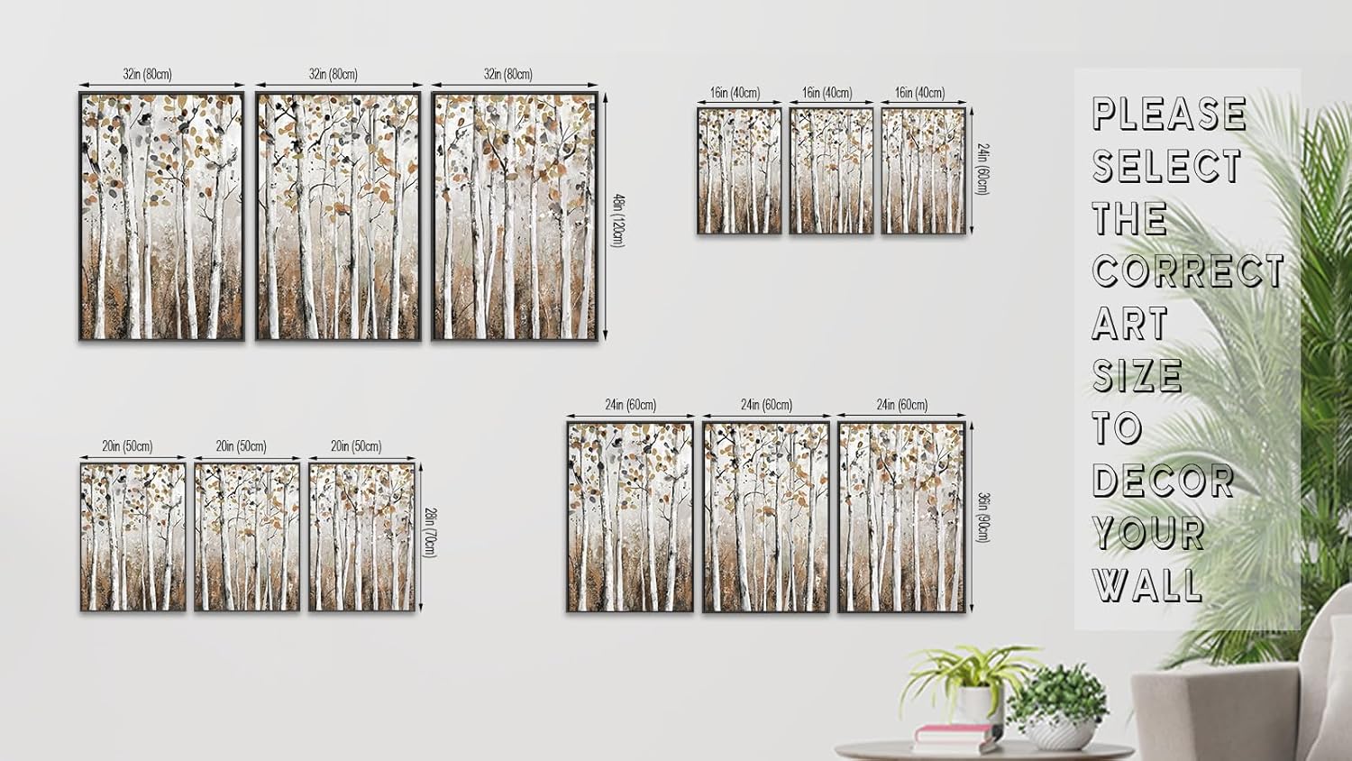 Large Framed Tree Wall Art - Abstract Forest Wall Decor 20"x28" Set of 3 Aesthetic Autumn Birch Painting Prints Modern Brown Plant Canvas Pictures for Living Room Bedroom Office Artwork - Image 3