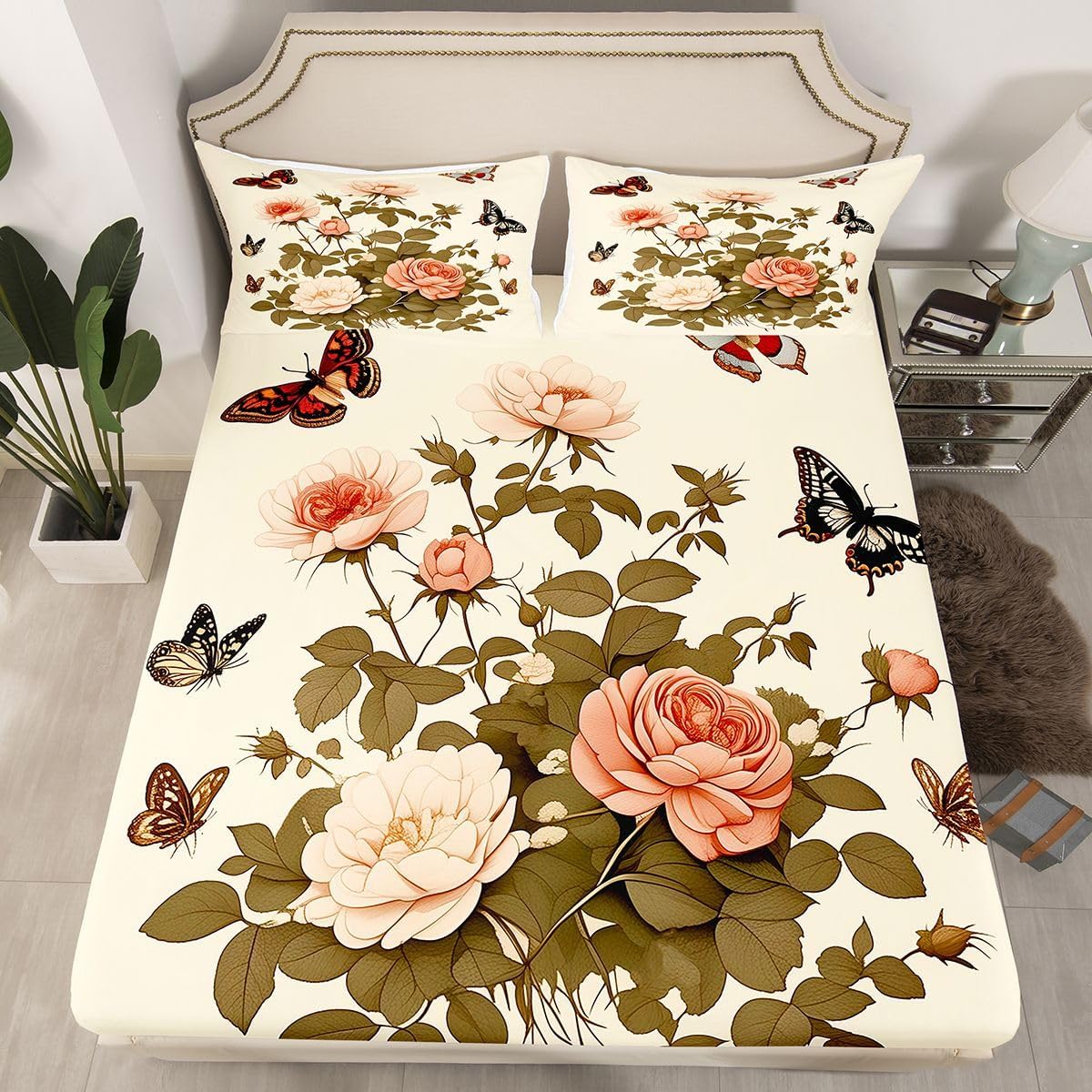 Erosebridal Floral Bed Sheets Full Butterfly Sheet Set, Pastoral Style Soft Lightweight Bedding Set, Bohemia Botanical Fitted Sheet with Deep Pocket