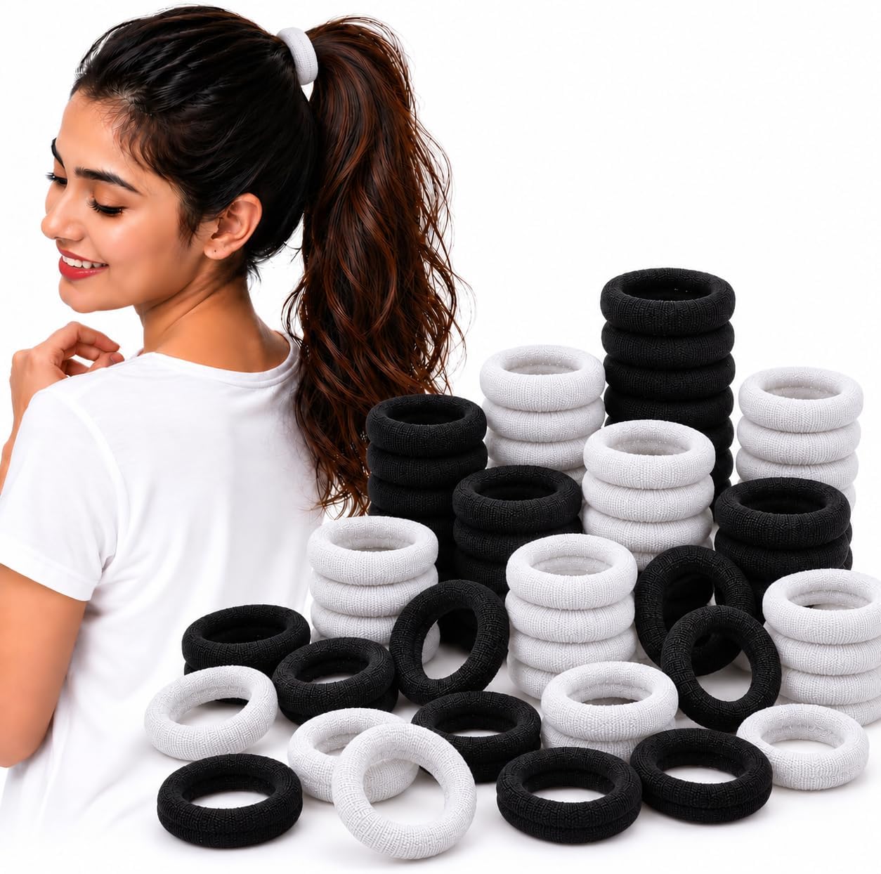 TEMPERIA (30 Pcs) Hair Band for Women & Girls - Premium Rubber Band - Elastic Ponytail Hairband Ties Accessories - 15 Black & 15 White (DN01)