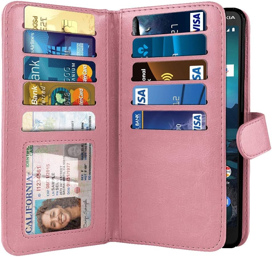 NEXTKIN Case Compatible with Nokia 3.1 Plus 2019 Cricket, Leather Dual Wallet TPU Cover Pockets Double Flap Multi Card Slots Button Strap for Nokia 3.1 Plus Cricket (NOT FIT International) - Pink
