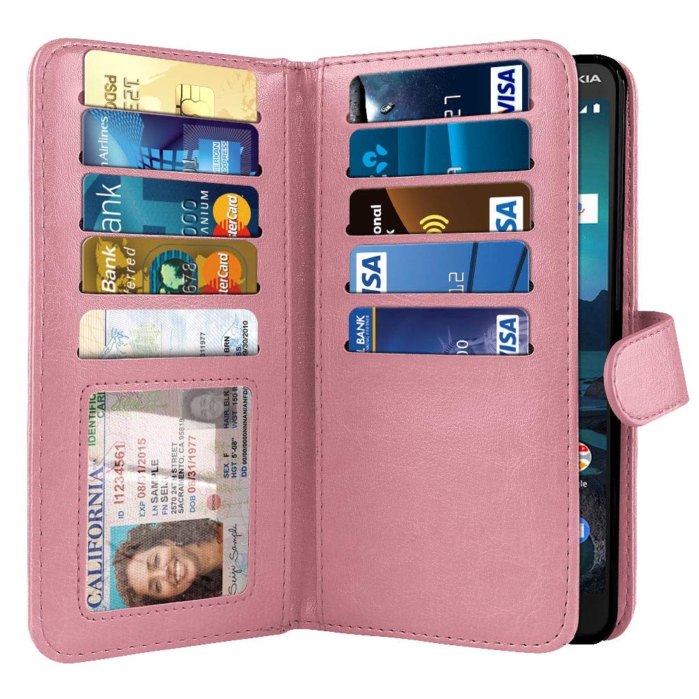 NEXTKIN Case Compatible with Nokia 3.1 Plus 2019 Cricket, Leather Dual Wallet TPU Cover Pockets Double Flap Multi Card Slots Button Strap for Nokia 3.1 Plus Cricket (NOT FIT International) - Pink