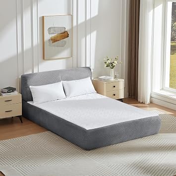 Full Size Chenille Compress Bed, Comfy Memory Foam Mattress Cloud Bed in a Box with Upholstered Headboard, Mattress & Bed Frame for Living Room, Apartment, No Assembly Required Dark Grey