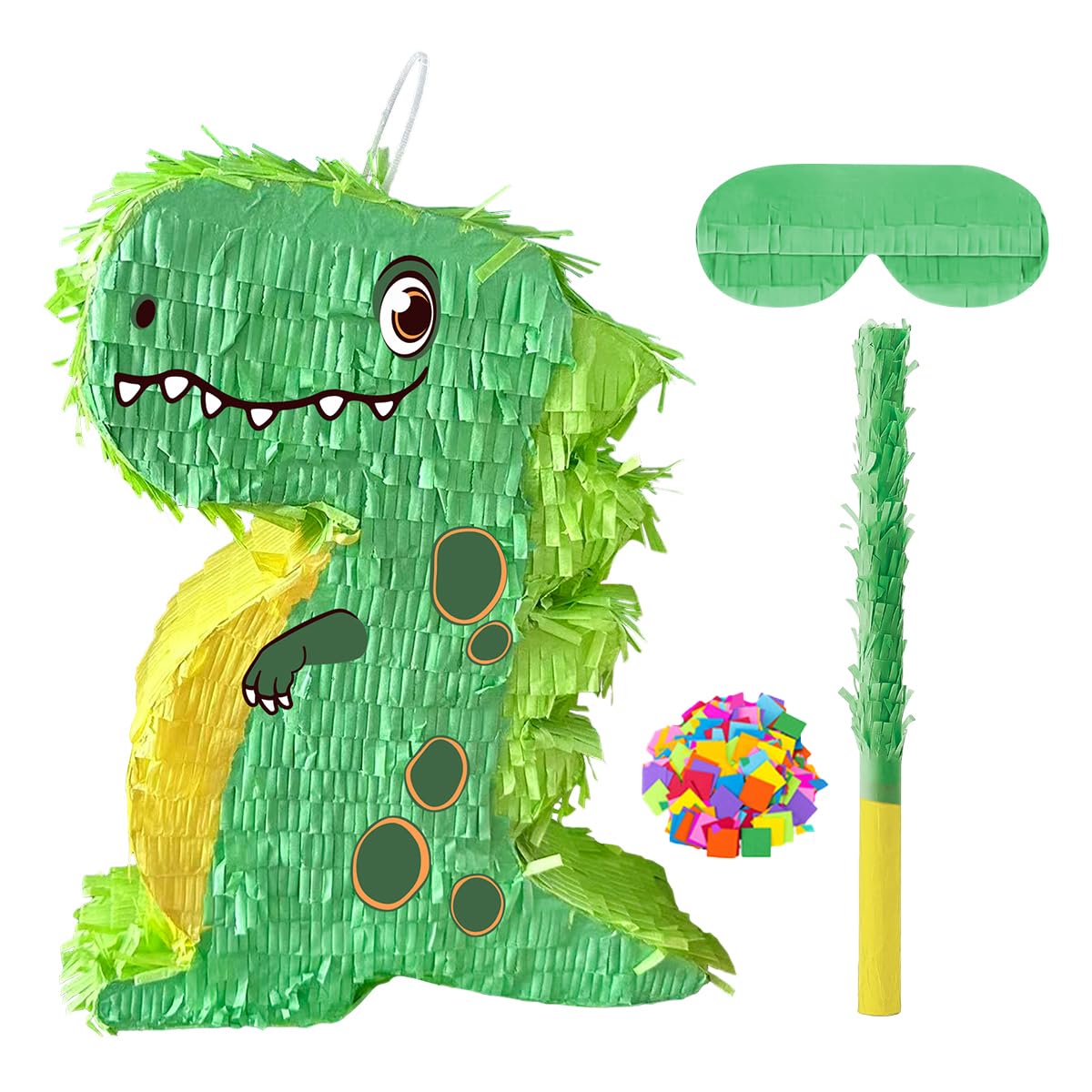 SNOWGAOGAO Dinosaur Pinata Set, Green T-Rex Piñata with Stick, Blindfold & Confetti for Party Games - (40x30x8cm) Fill Your Own Party Supplies, Birthday Decorations & Themed Celebration