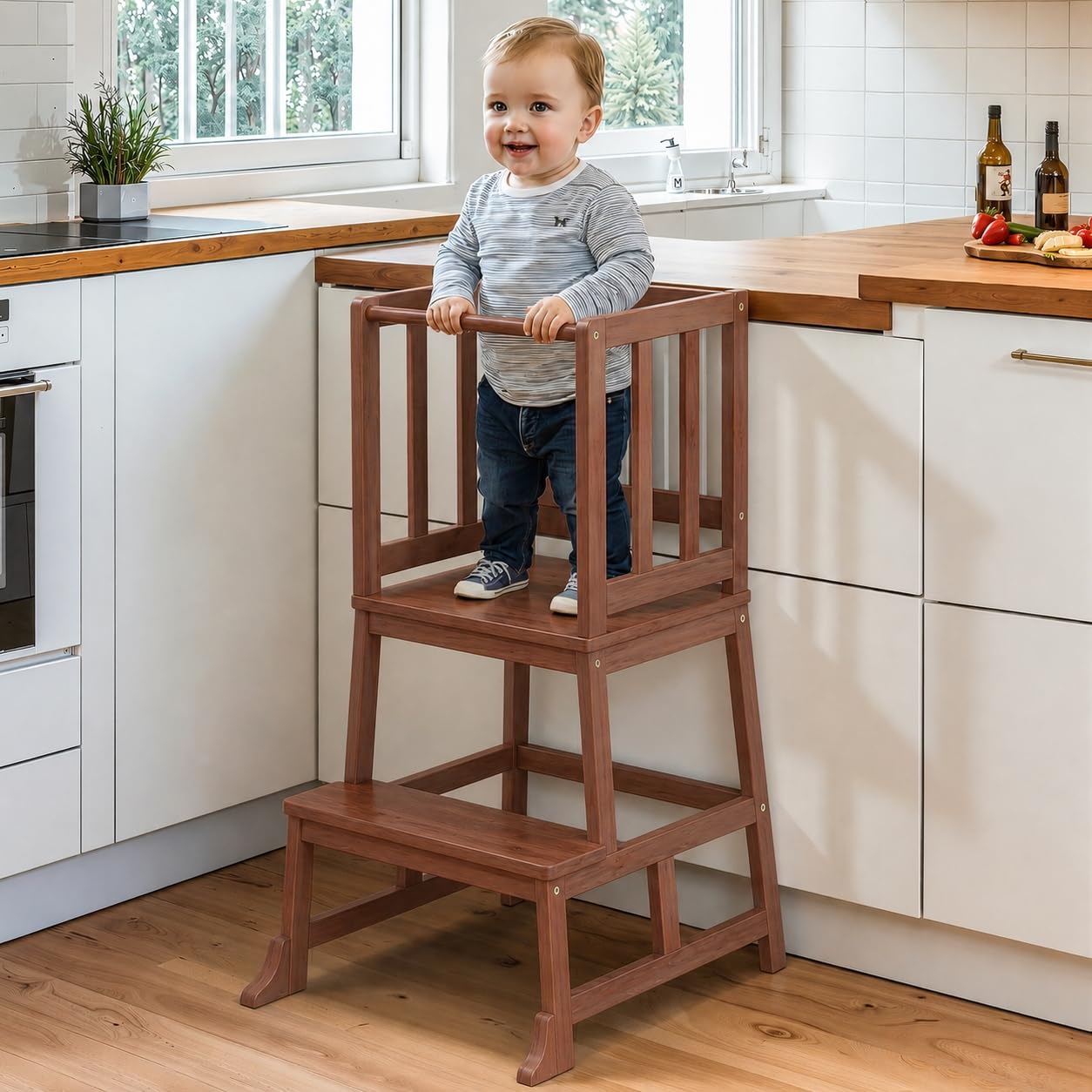 COSYLAND Toddler Standing Tower for Kitchen - Wooden Nursery Step Stool for Kids - Solid Learning Stool Kitchen Counter Helper Step Stool for Kids (Brown)
