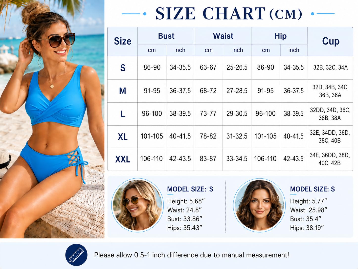 Ekouaer Bikini Mujer Ajustable Dos Piezas Push Up Traje De Baño Sexy Cuello en V Conjunto Bañador Sólido Playa Bikinis, S-XXL