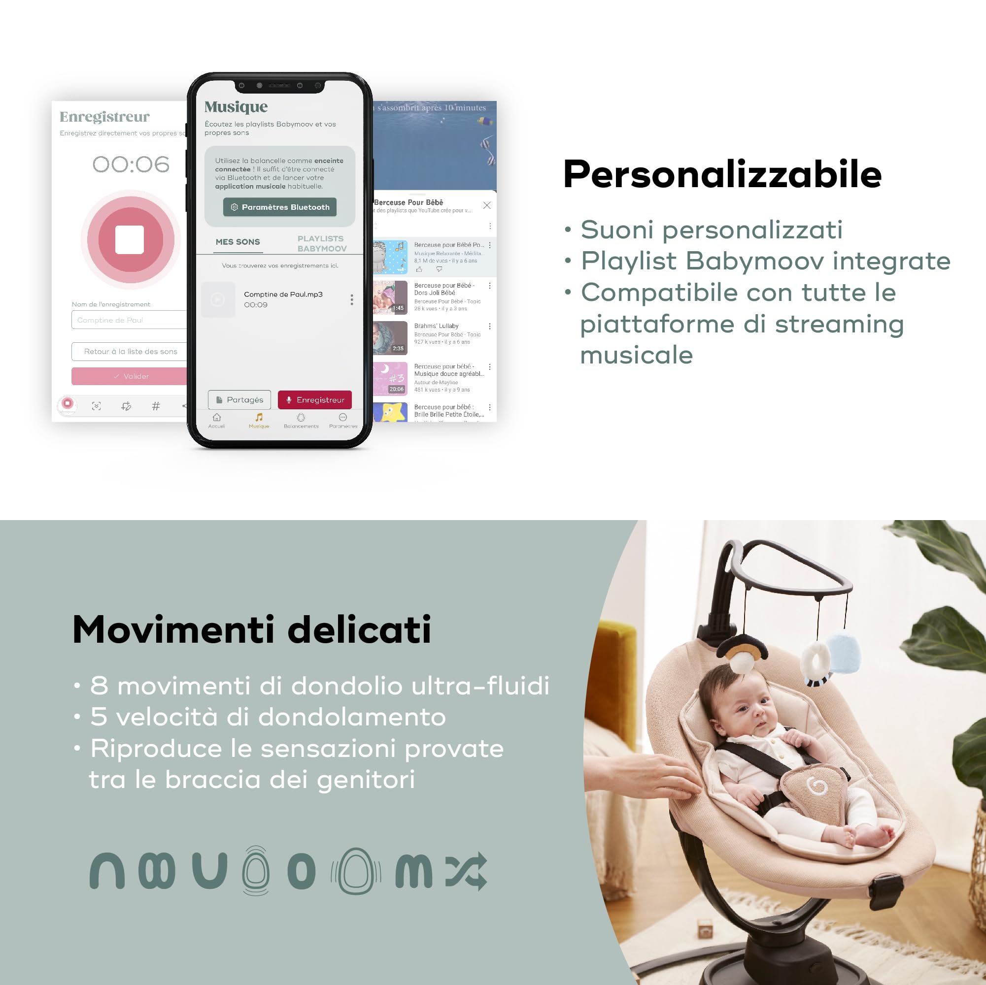 Babymoov Altalena per bambini elettrica Swoon Evolution Mocca- Connessa con applicazione mobile - Streaming musicale, registrazione di voci e ninnenanne personalizzate - Riduttore per neonato incluso