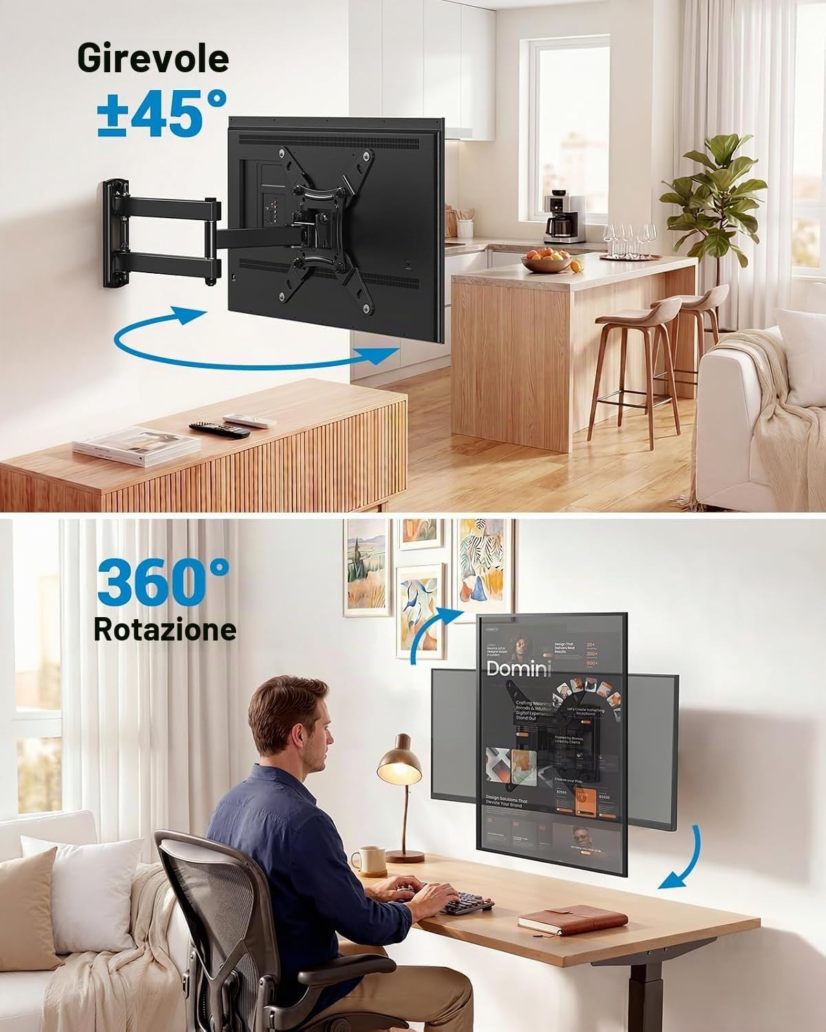 Ginarelo- Supporto da parete per TV a schermo piatto e curvo con braccio snodato, inclinabile, per la maggior parte dei televisori e monitor da 13-42 pollici, VESA max 200 x 200 mm fino a 20 kg