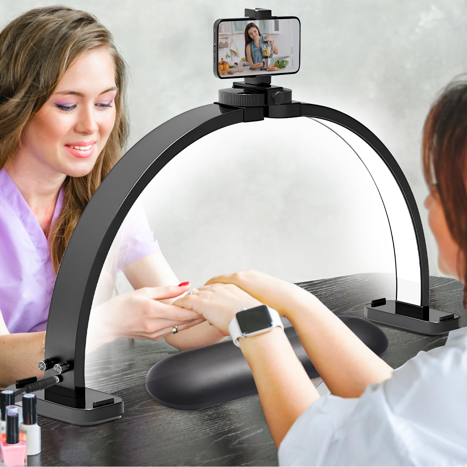CGBE Desktop Halve Maanlamp voor Nagels met Telefoonhouder: 76 cm - 45 W - 3000-6500 K Dimbaar met 3 Kleurmodi - Opvouwbare Tafellamp voor Wimperverlenging, Tatoeage en Manicure - Roze
