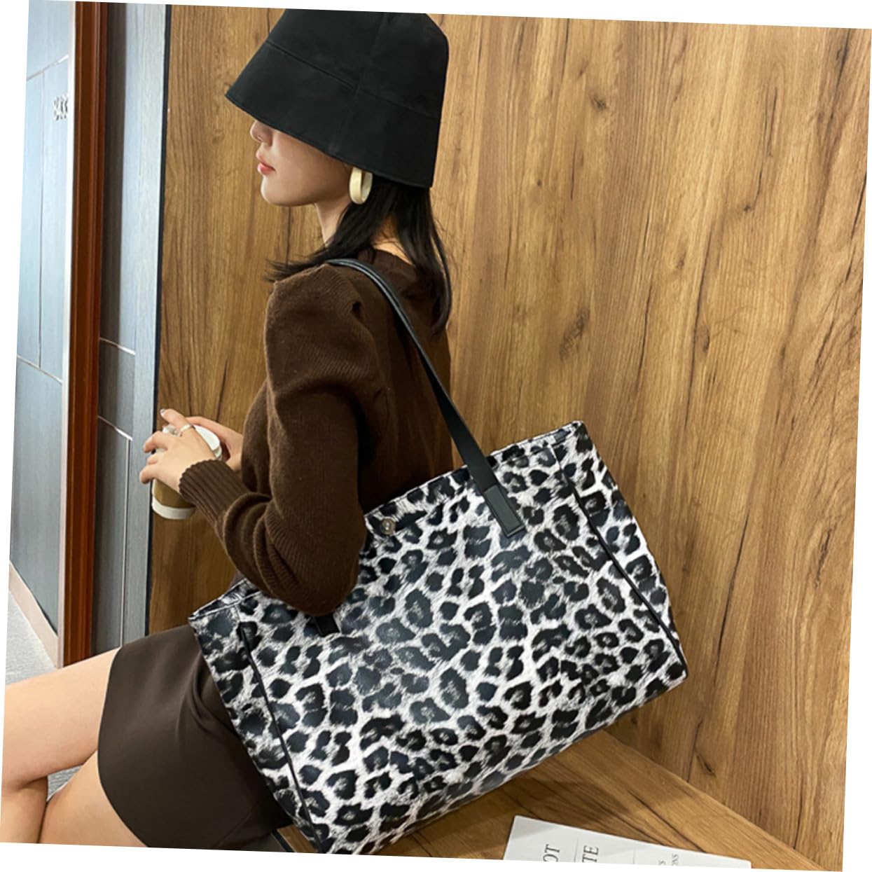 Uonlytech Bolso Bandolera Bolso Casual Estampado de Leopardo para Mujer y Material Pu Reutilizable Gran Capacidad para Compras y Uso Diario