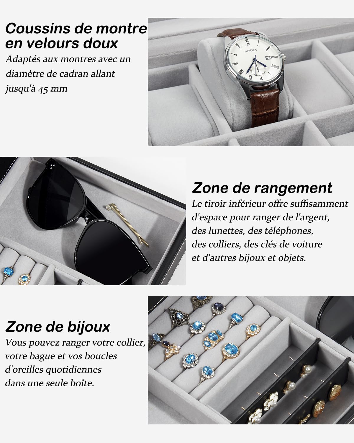 Boîte à montres à 12 emplacements pour montre pour homme avec couvercle en verre véritable, organiseur de montres en cuir synthétique avec étui à bijoux, anniversaire pour homme et femme, noir