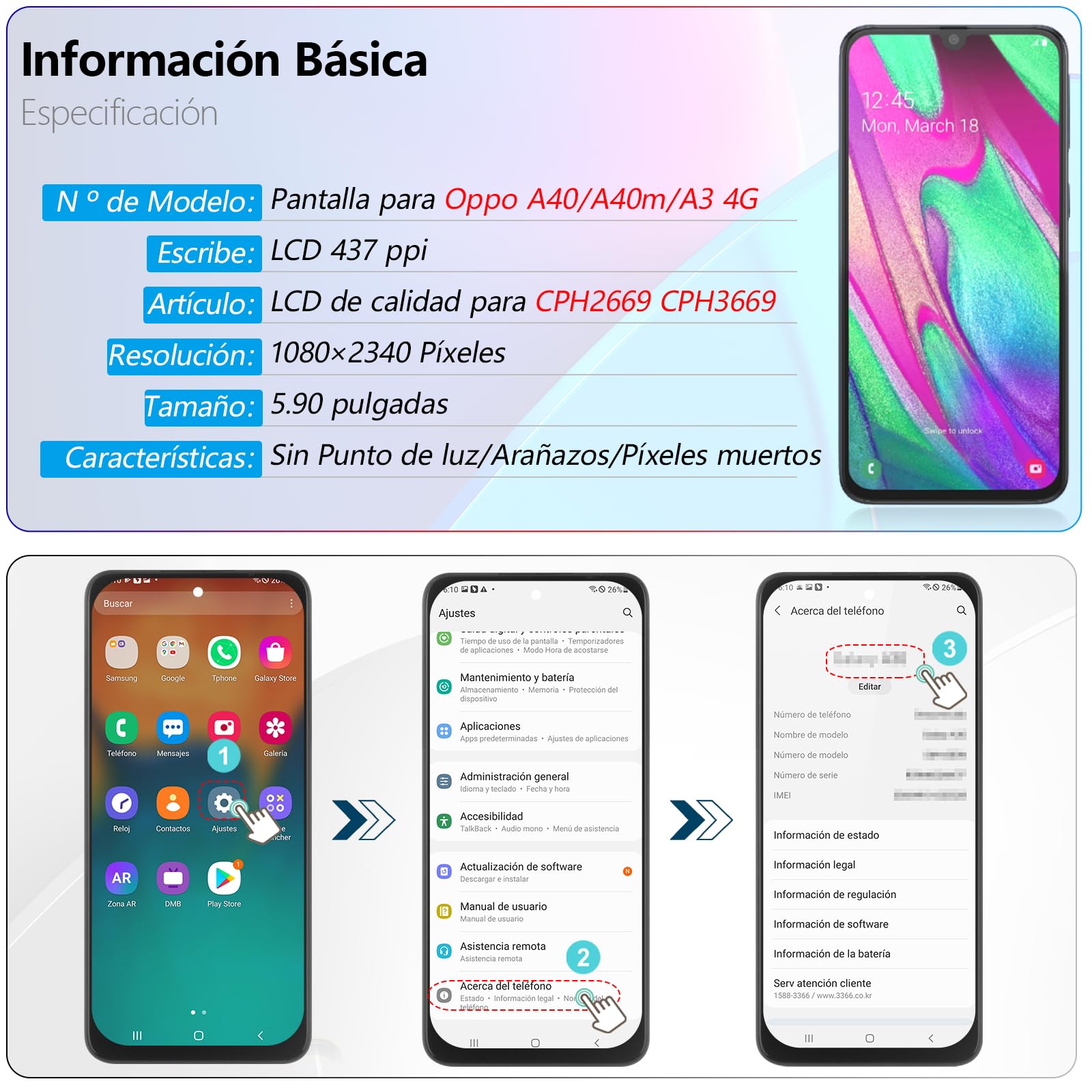 RongZy Pantalla para OPPO A40/A40m/A3 4G CPH2669 CPH3669 Pantalla Táctil LCD Kit de Pantalla de Repuesto Ensamblaje Digitalizador de Reemplazo con Herramientas(Negro)