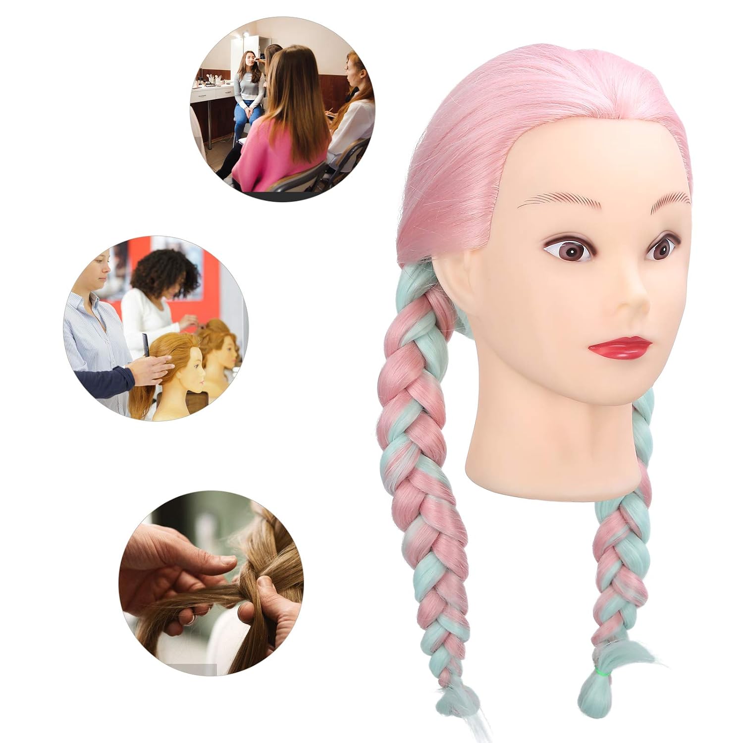 Mannequin Head With Color Hair, Hair Styling Training Heads Manikin Cosmetology Doll Head Pink Real Synthetic Fiber Hairdressing Practice Model DIY Braiding Hair Art Salon Display Dyeing Knitting