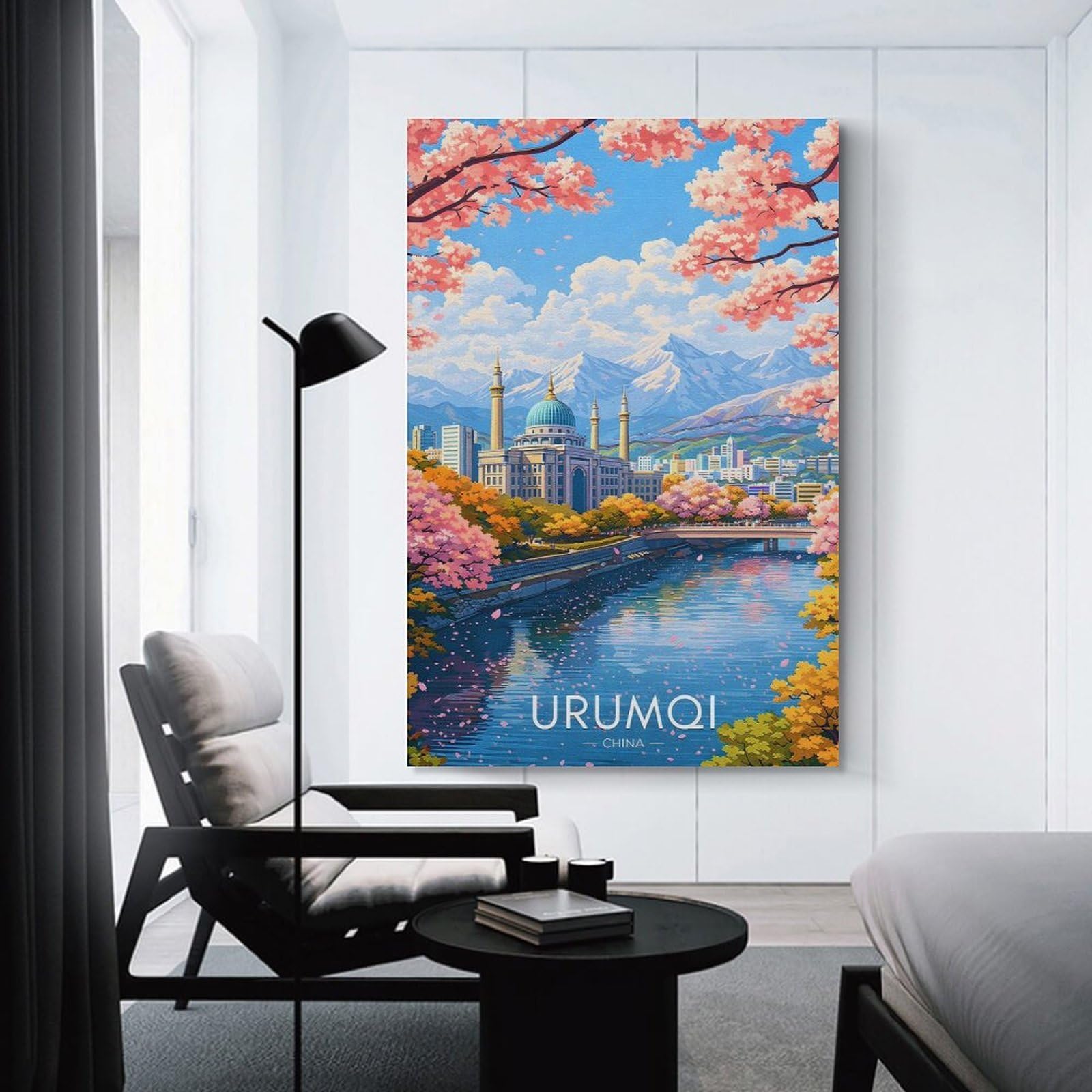 Junmoney Unframe-Style-14-1 Urumqi Cityscape With Cherry Blossoms Canvas Wall Decor, 08X12inch(20X30cm), For Wall Displays, Bedrooms Or Room Updates, Wall Decor Suited To Curated Displays