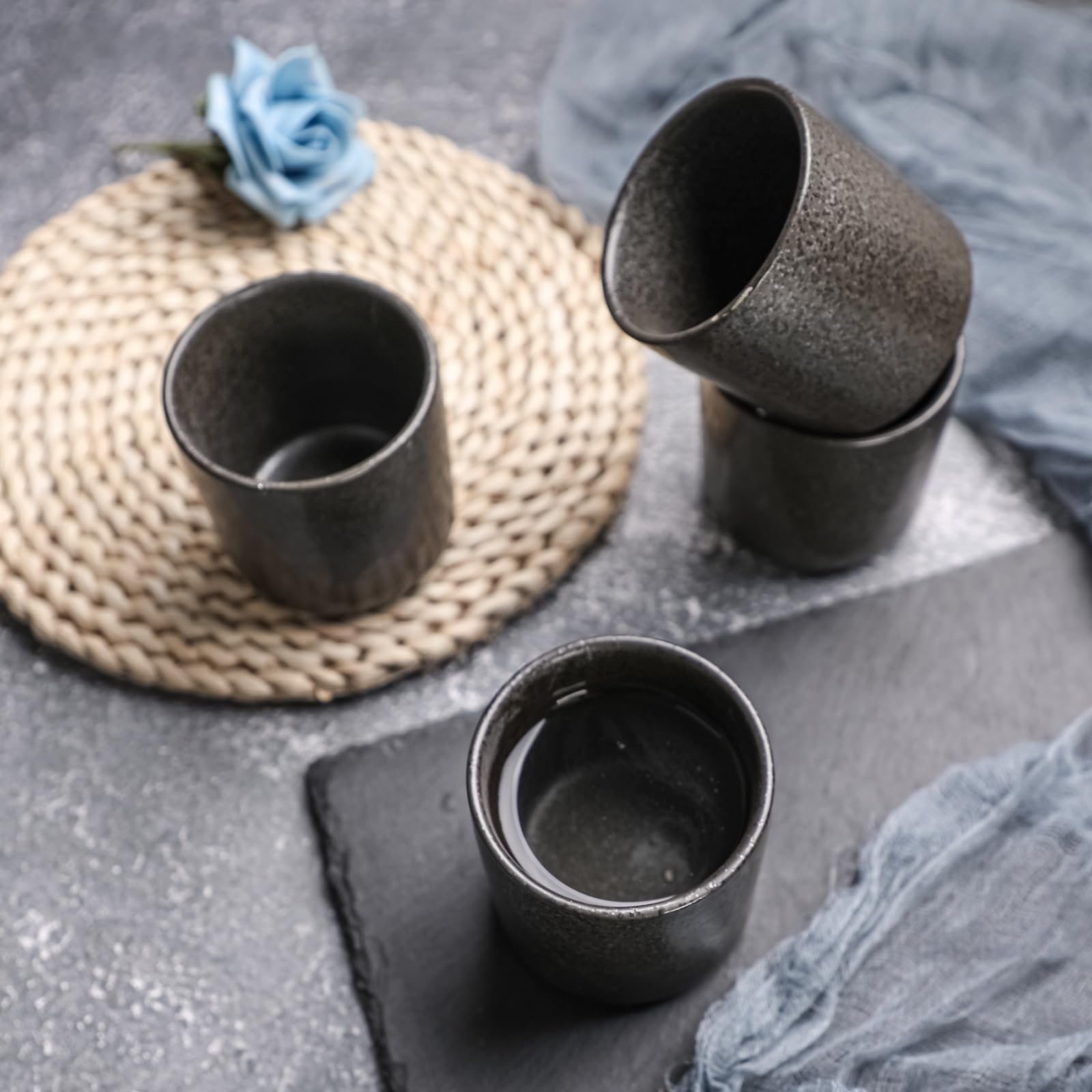 Juego de tazas de té de cerámica sin asa (4 L), color negro