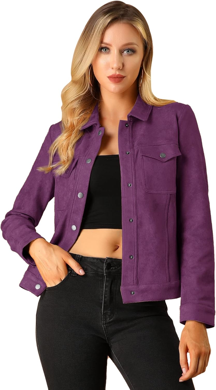 Allegra K Women's Turn-Down Collar Flap Pockets Snap Button Faux Suede Jacket at  Women's Coats Shop