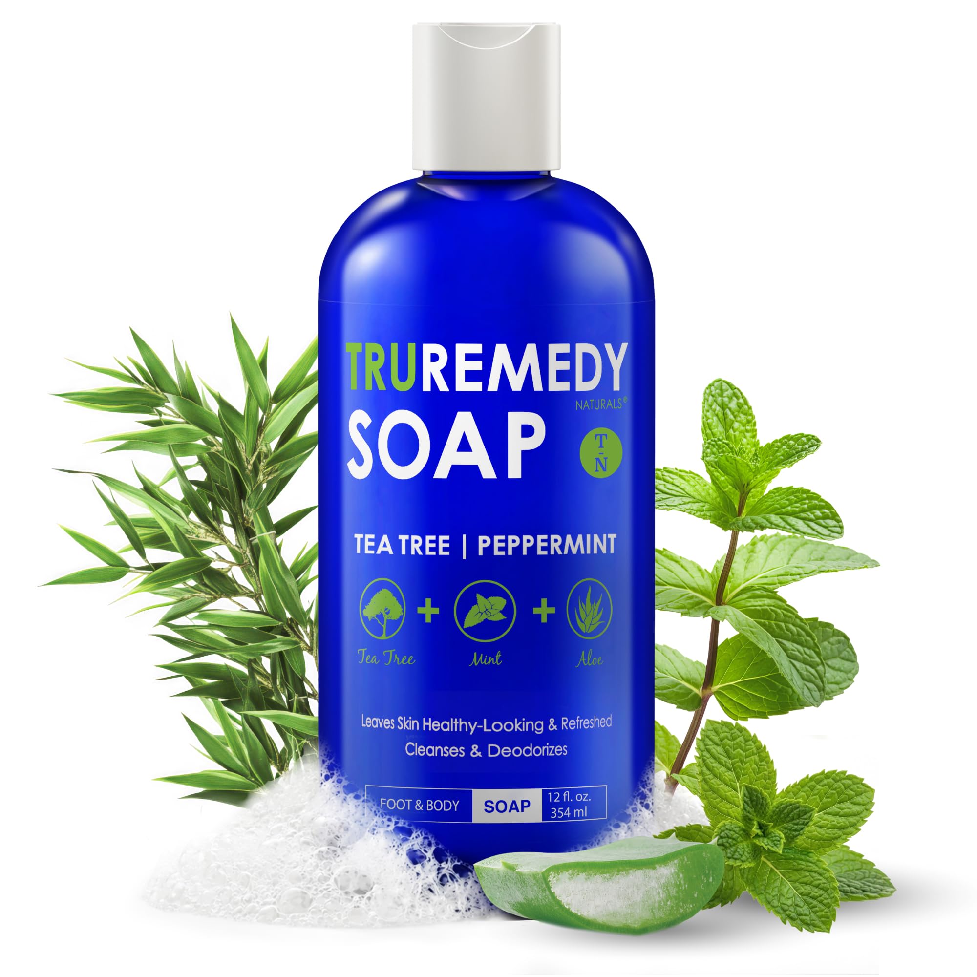 Truremedy Naturals Body Wash, Tea Tree & Peppermint (12oz) | Invigorating Tea Tree Oil Body Wash and Shower Gel with Peppermint, Aloe, Eucalyptus, Coconut and Olive Oil for Men and Women