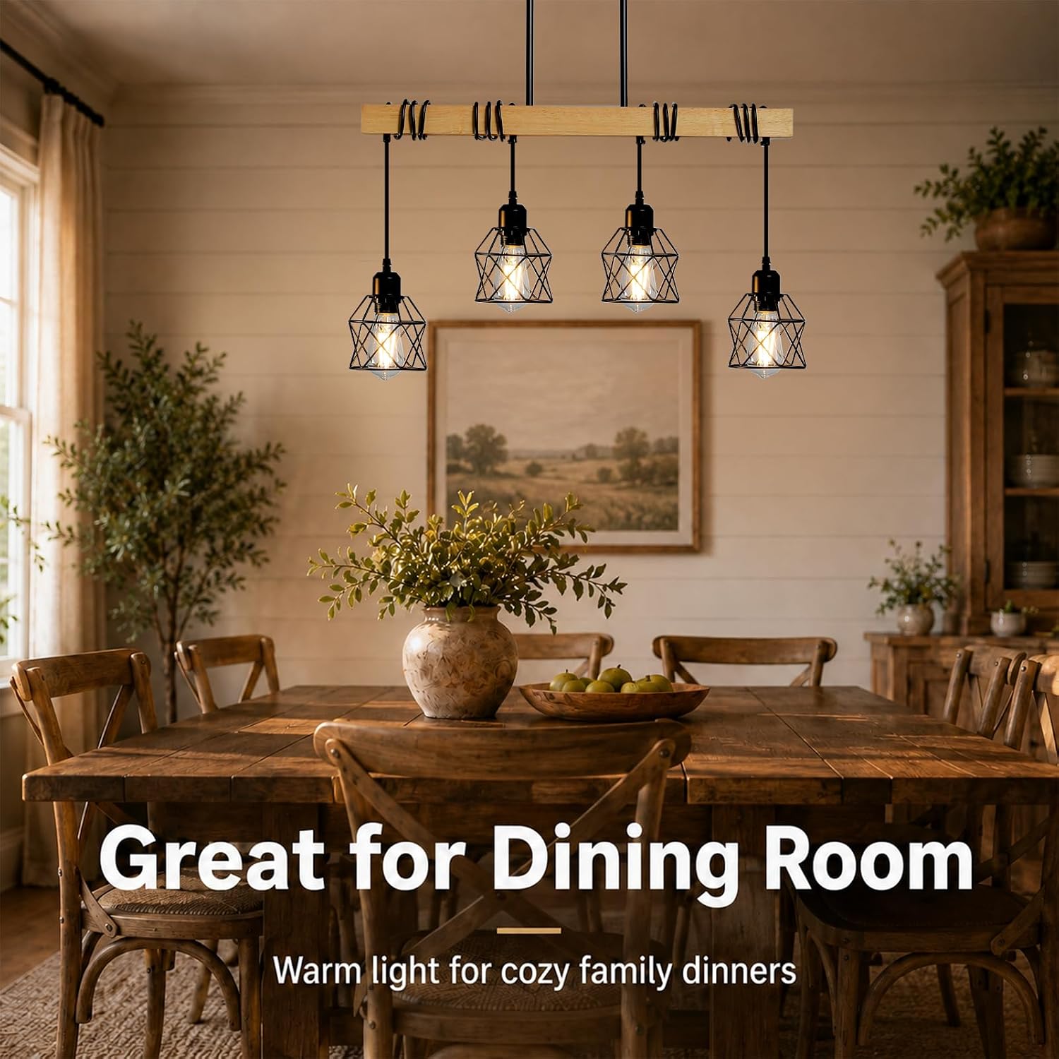 Farmhouse Chandelier for Dining Room, 4 Light Kitchen Island Light Fixtures, Real Wood Chandelier with Black Metal Cage, Adjustable Height Dining Room Light Fixture, Kitchen Chandeliers Over Table