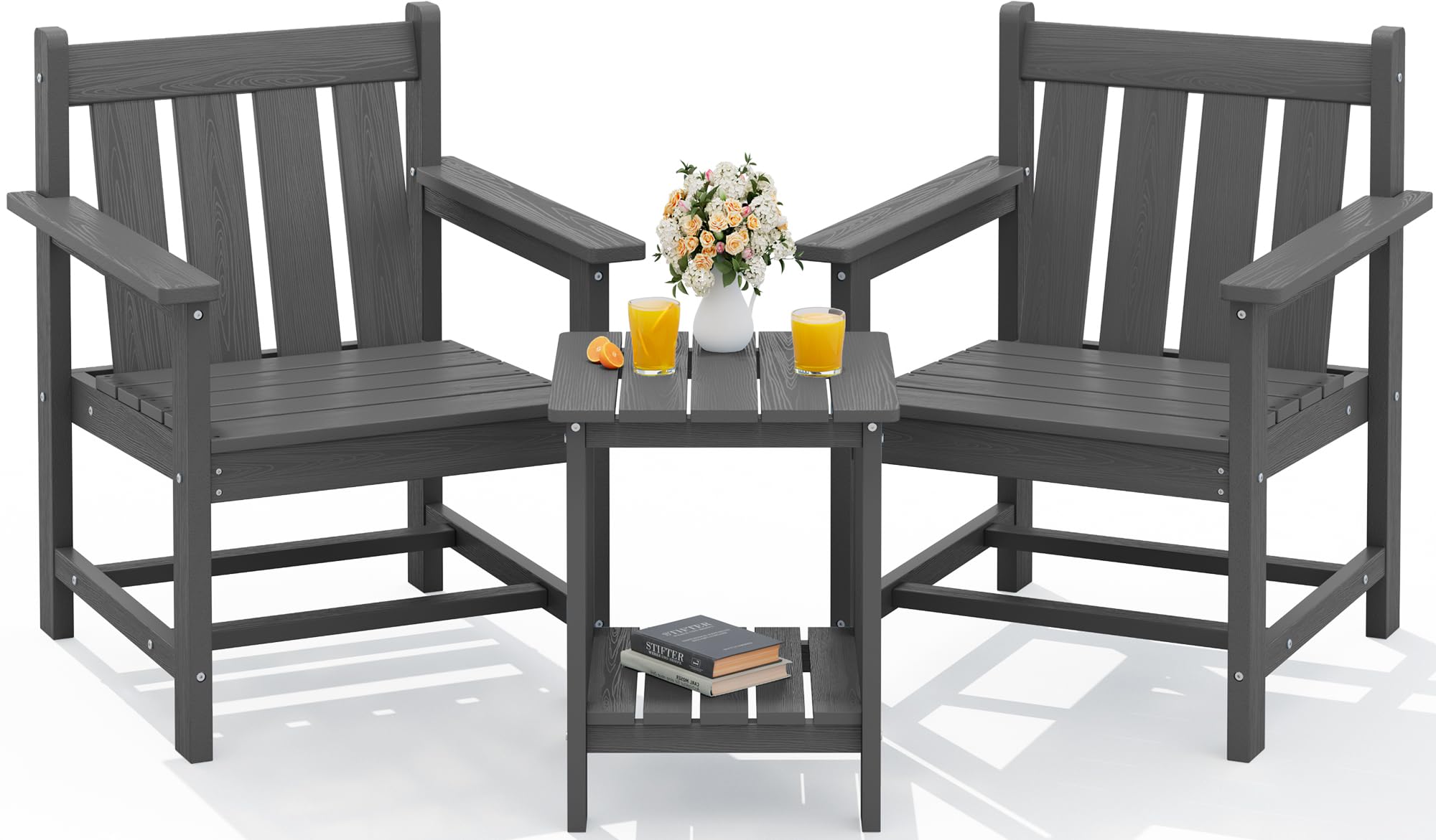 SERWALL 3-piece Adirondack chair set with side table in gray HDPE material
