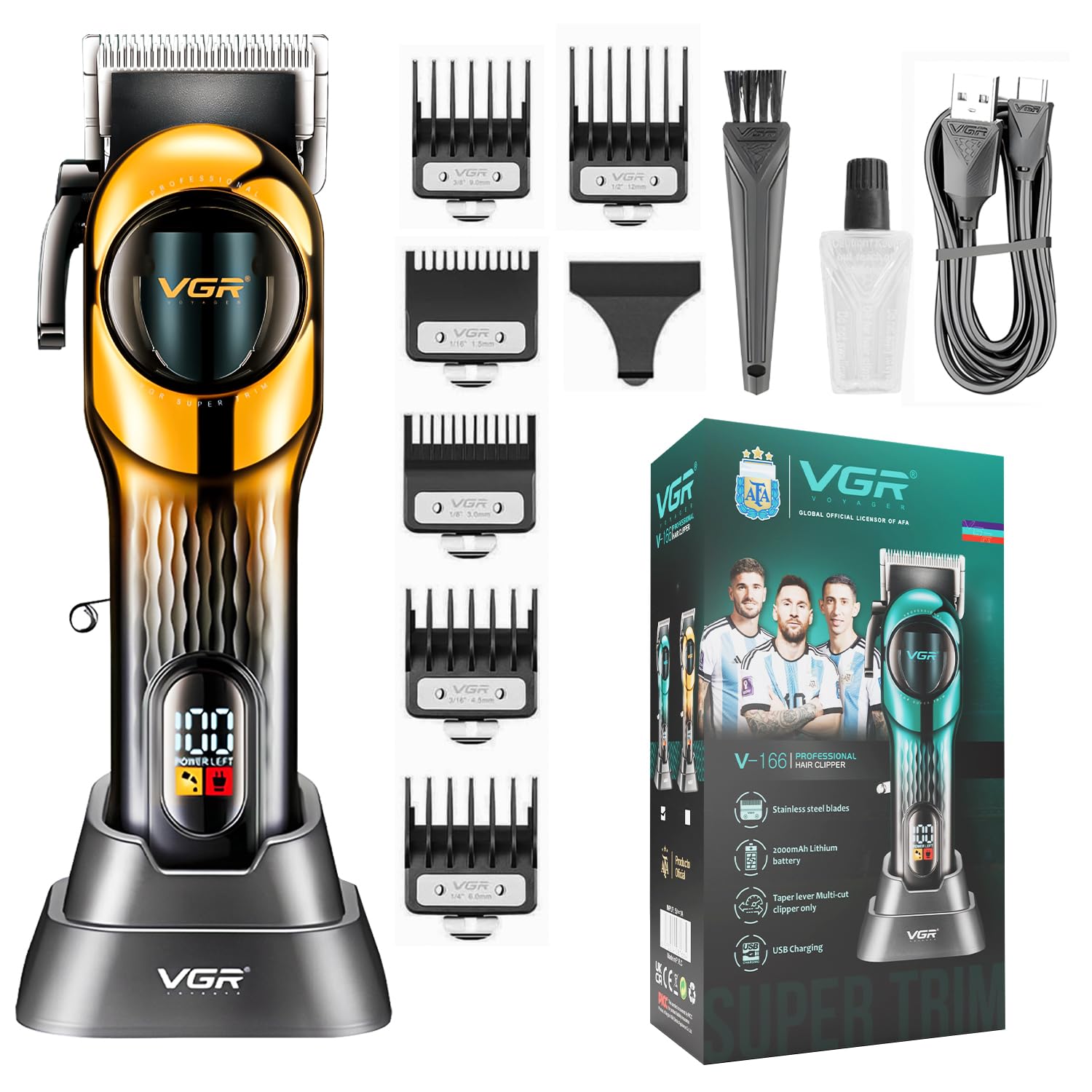 VGR V-166 Professional Hair Clipper with Stainless Steel Blades, 200 min Runtime, 2000mAh Lithium Battery, Taper Lever & Type-C USB Cable, Led Display, 6pcs Cutting Guide Comb (Gold)-image-35