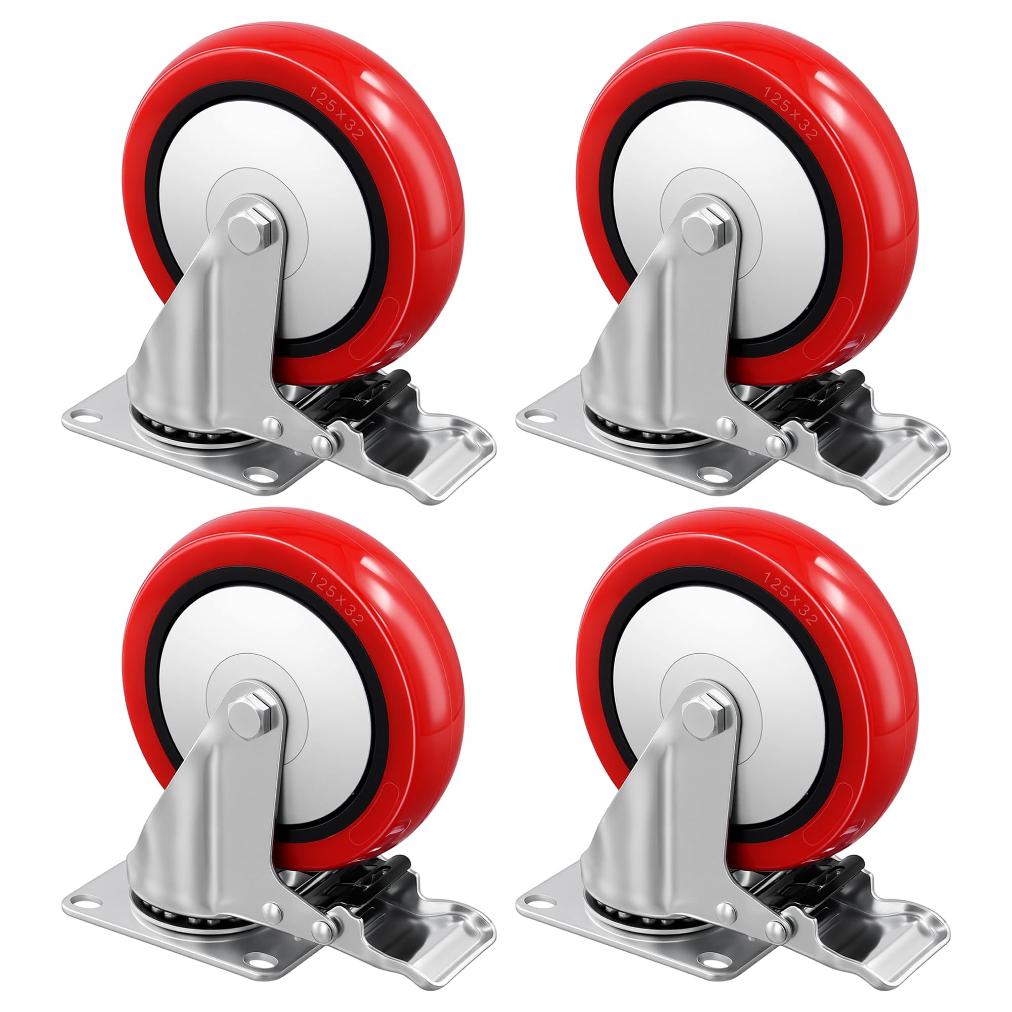 CHEUNGR 125mm Heavy Duty Castor Wheels with 4 Brake, Set of 4
