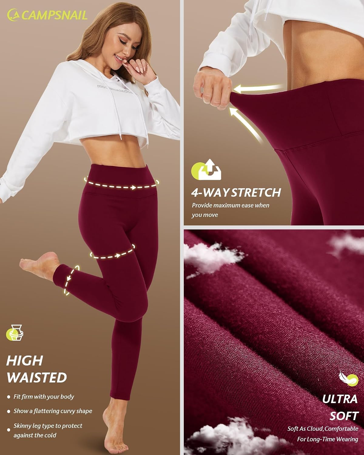 CAMPSNAIL Fleece Lined Leggings Women - Thick Soft High Waisted Black Tummy Control Thermal Warm Velvet Pants for Cold Winter