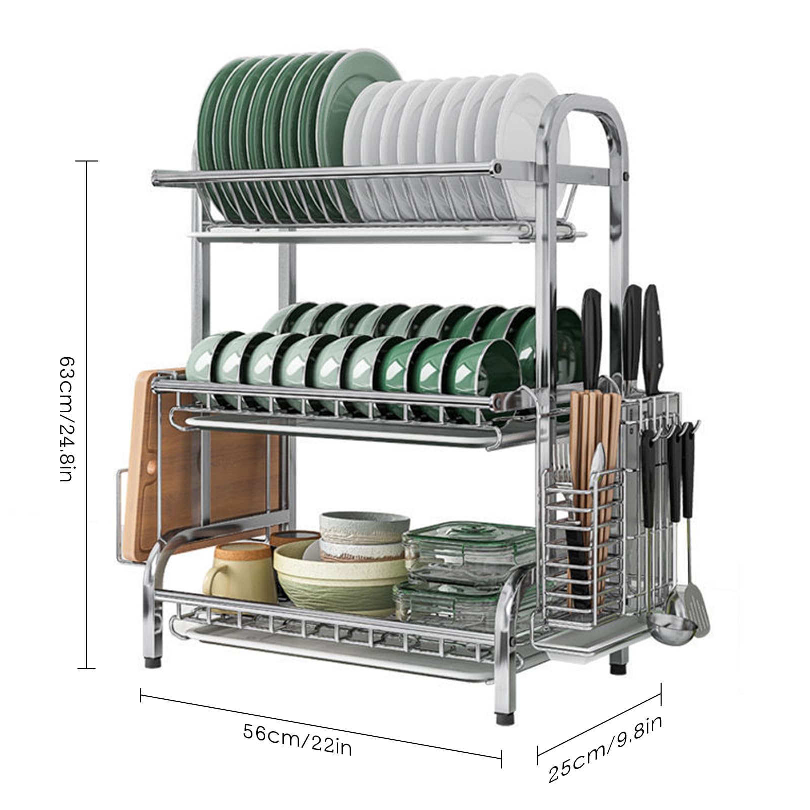 Scolapiatti da appoggio in acciaio inox, antiruggine, a 3 ripiani, salvaspazio, con supporto per posate, ideale per riporre la cucina e soluzioni di asciugatura efficienti