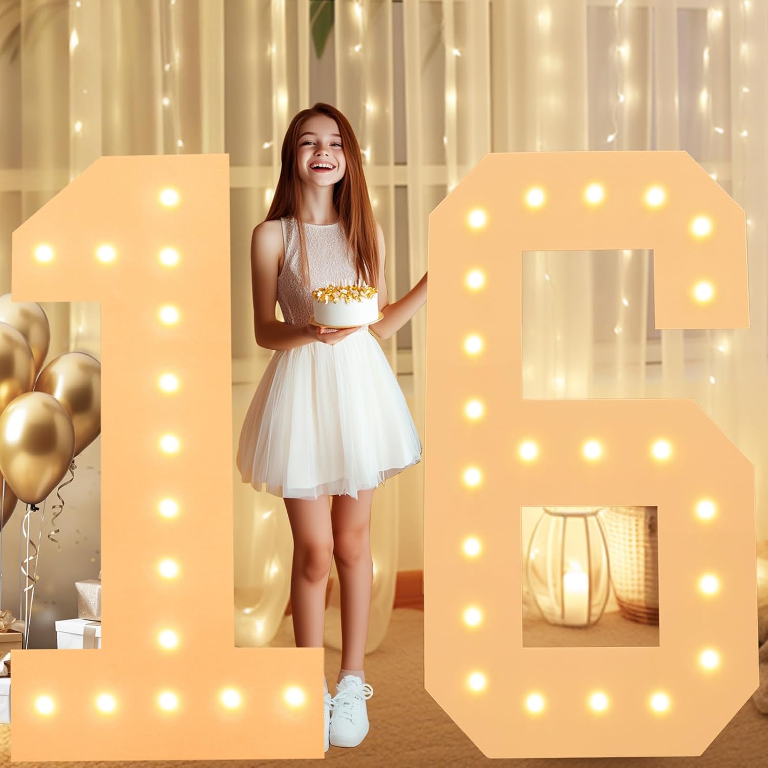 LOBOOM 4FT Light Up Numbers, Marquee Numbers 4 Feet Tall Giant Number 16 Mosaic Big Number Sign for 16th Birthday Party Backdrop Anniversary Decorations, Pre-Cut Large Frame Number 16 Number 16 4 FT