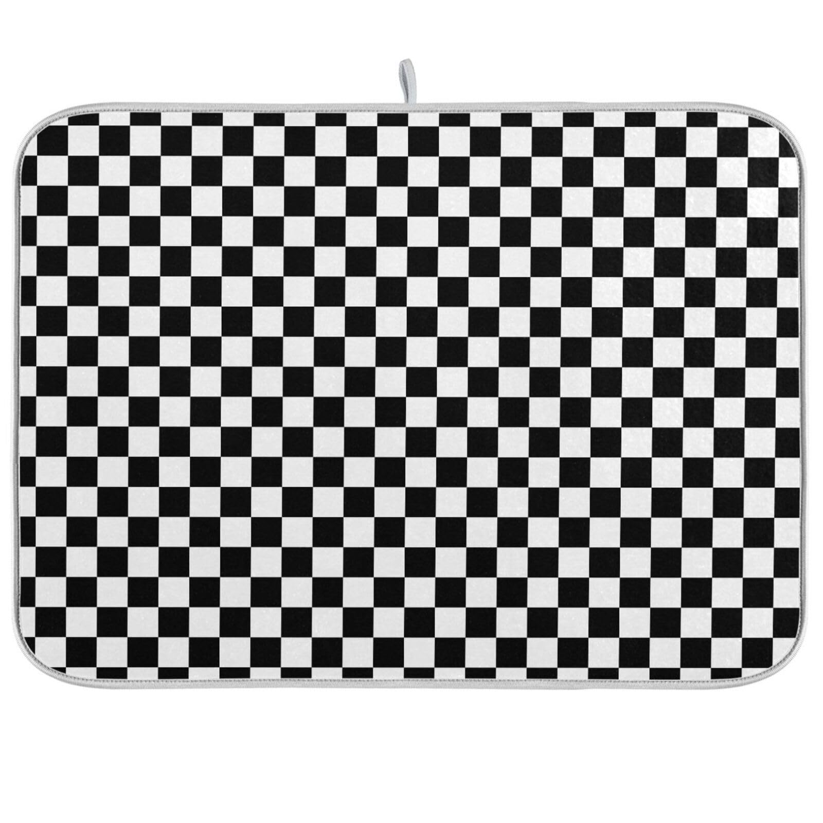 Black White Checkered Pattern Dish Drying Mat for Kitchen Counter Absorbent Microfiber Drying Pad, Medium 16x18 in, Reversible Drainer Mats