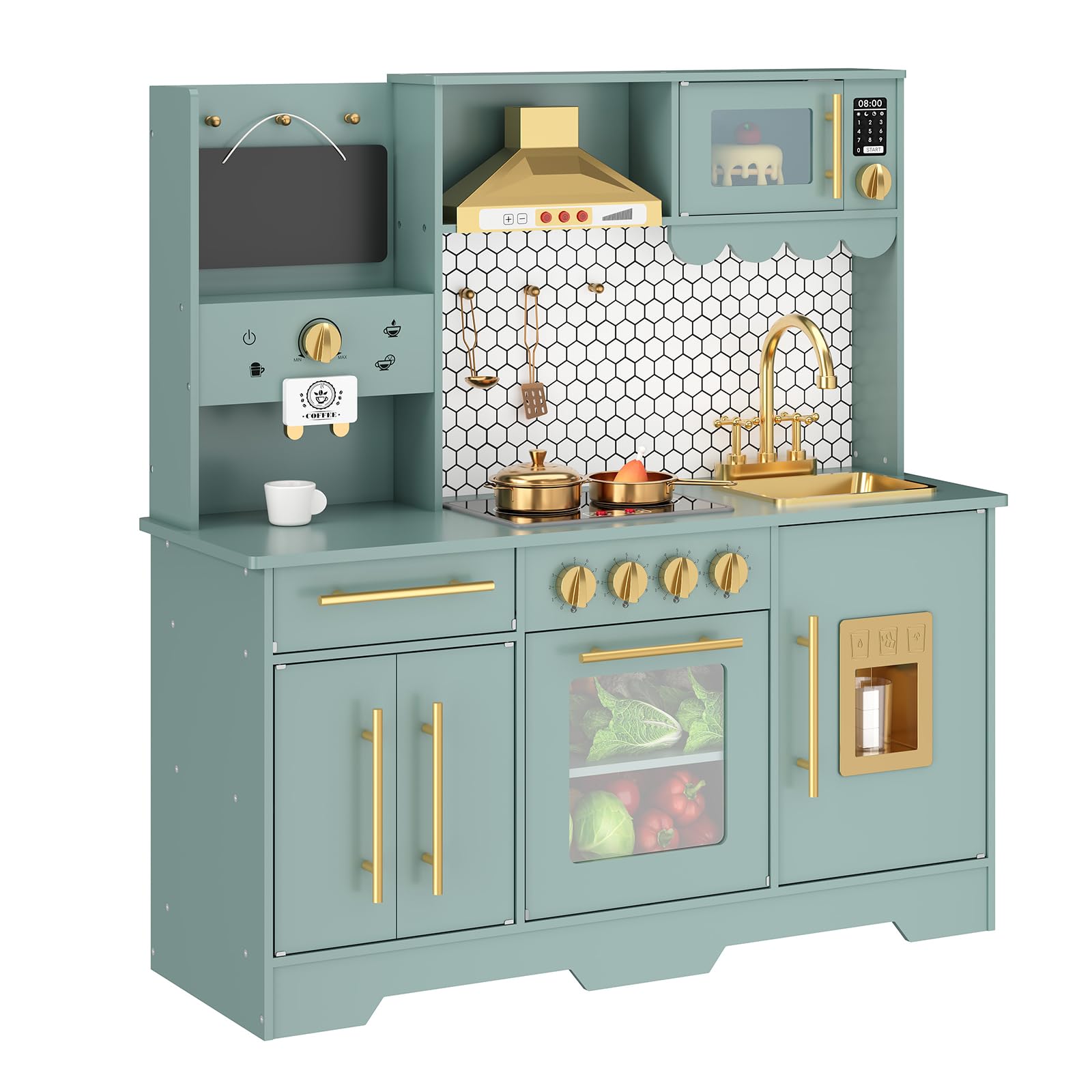 Cuisine Enfant en Bois, Cuisine Jouet avec Tableau Noir, Coin Café, Cuisinière et Évier, Grand Écran Simulé et Machine à Café, pour 3 Ans et Plus, Design Moderne Vert