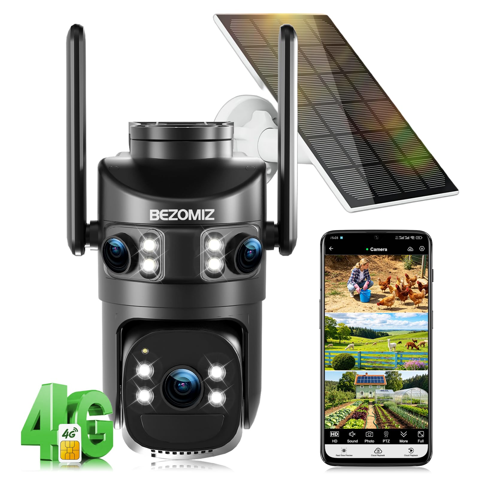 4G LTE telecamere di sorveglianza solare con scheda Sim,AOV 24/7,a triplo obiettivo,4K Rilevazione umana,360° PTZ Telecamera esterna,Monitoraggio automatico,Audio bidirezionale,IP66,Visione Notturna