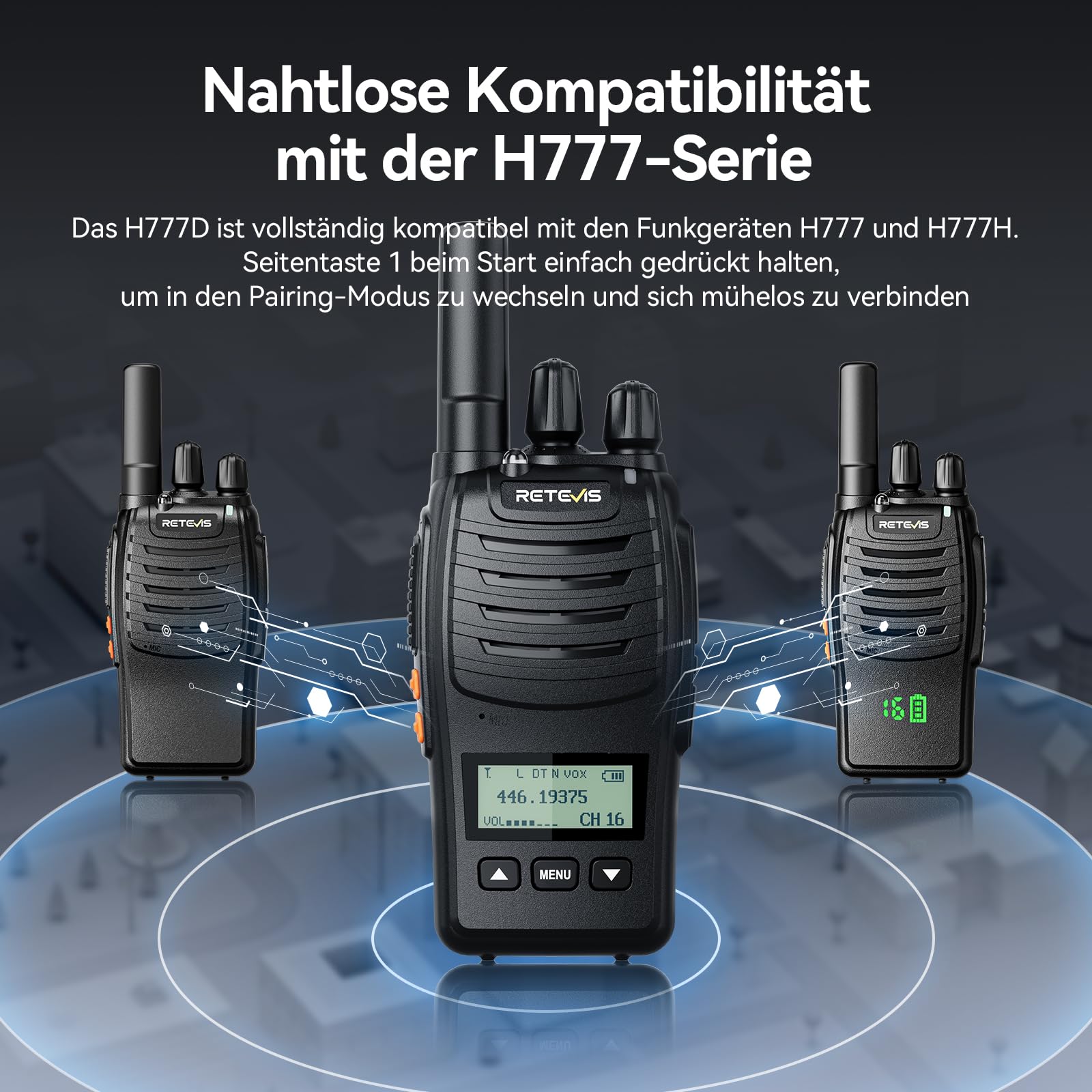 Retevis H777D Walkie Talkie Lizenzfrei, PMR Funkgeräte mit 6-Wege-Ladegerät, LCD-Bildschirm, USB-Aufladbarer 1200mAh Akku, Tragbares Funkgerät für Geschäfte, Sicherheit (6er-Pack, Schwarz)