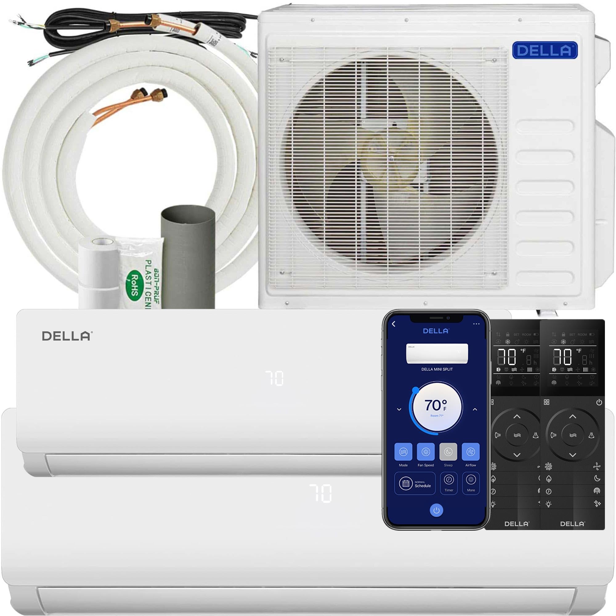 DELLA 28K BTU ODU 20 SEER2, 2 Dual Zone 9000 18000 BTU 208-230V Cools Up to 1400 Sq.Ft, Multi Zone Ductless Pre-Charged Heat Pump Mini Split AC & Work with Alexa and Wifi, 16ft Installation Kits