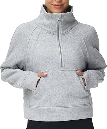 THE GYM PEOPLE Womens' Half Zip Pullover Fleece Stand Collar Crop Sweatshirt with Pockets Thumb Hole