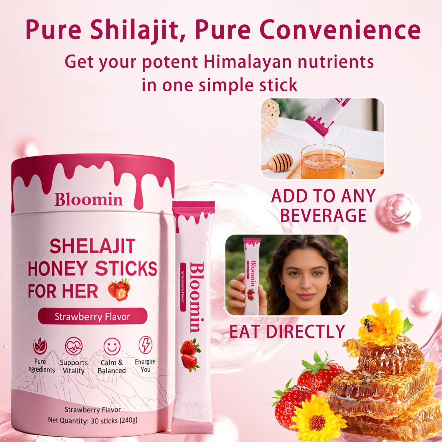 Bloomin Honey Sticks, Shilajit Honey Sticks for Women with Shatavari, Hormonal Balance, Energy Boost&hormonal Balance, Himalayan Shilajit 30 Sticks (Strawberry)