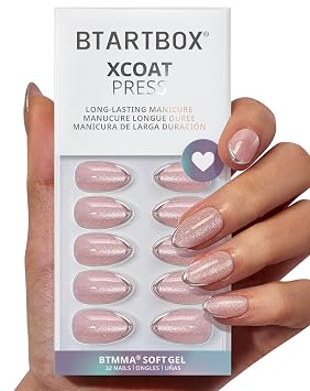 BTArtbox Press On Nails Almond - Blush Icicle، عين قطة قابلة للمعالجة بالمصباح، طرف فرنسي فضي ثلاثي الأبعاد، ضغط قصير على الأظافر مع غراء وعلامات تبويب لاصقة للنساء بـ 16 مقاسًا - 32 مجموعة غراء جل ناعم على الأظافر