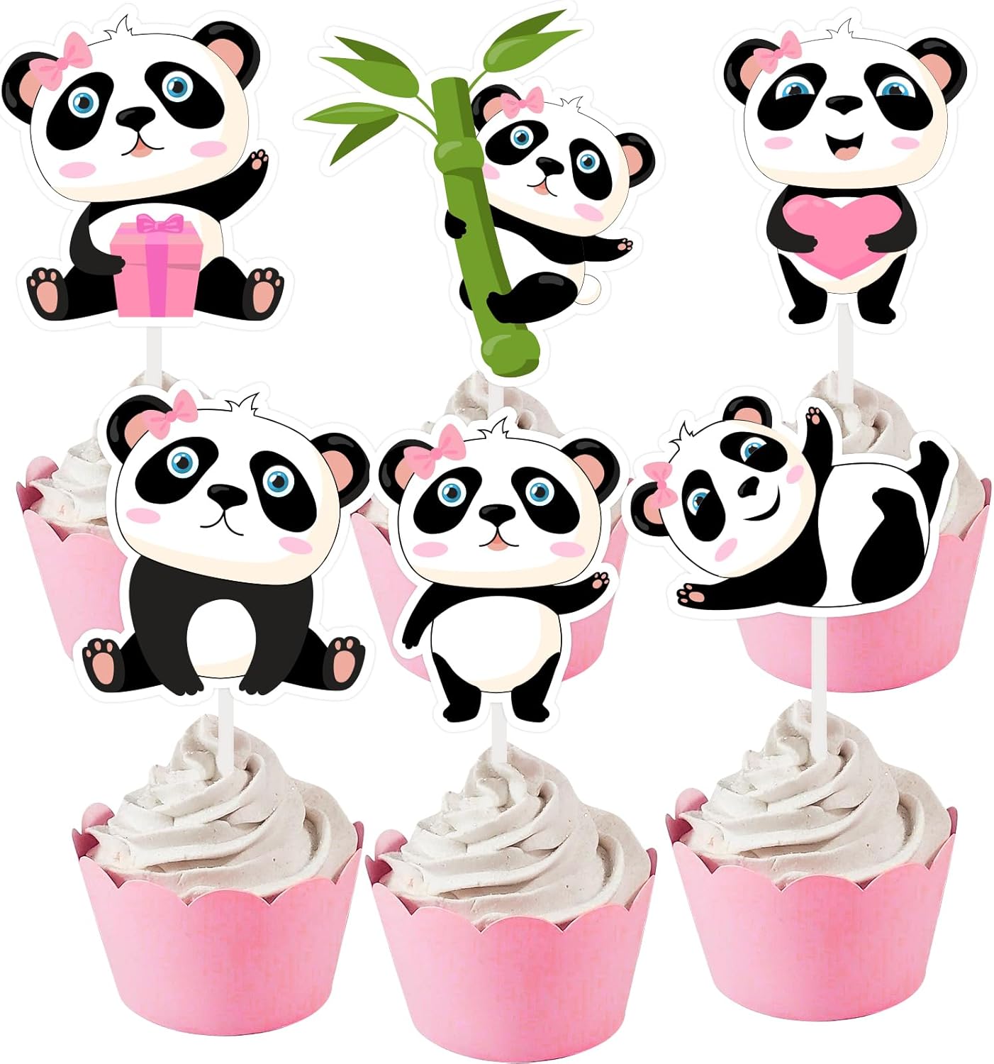 Amazon.com: Cheereveal Pink Panda Cupcake Toppers for Girls - Panda Bamboo Theme Cake Picks ...