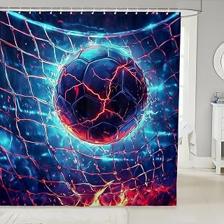 Homewish Fire Soccer Kids Shower Curtains,Ball Sport Games Competition Gaming Bathroom Curtains for Boys Man,Lightning Light Fire Blue Modern Fashion Waterproof Curtain,12 Hooks Suits,72" W x 72" L