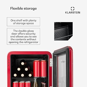 KLARSTEIN PopLife drinks cooler - mini bar, retro fridge, 0-10°C, only 39 dB, 48 L, environmentally friendly, double-glazed door, retro design, red