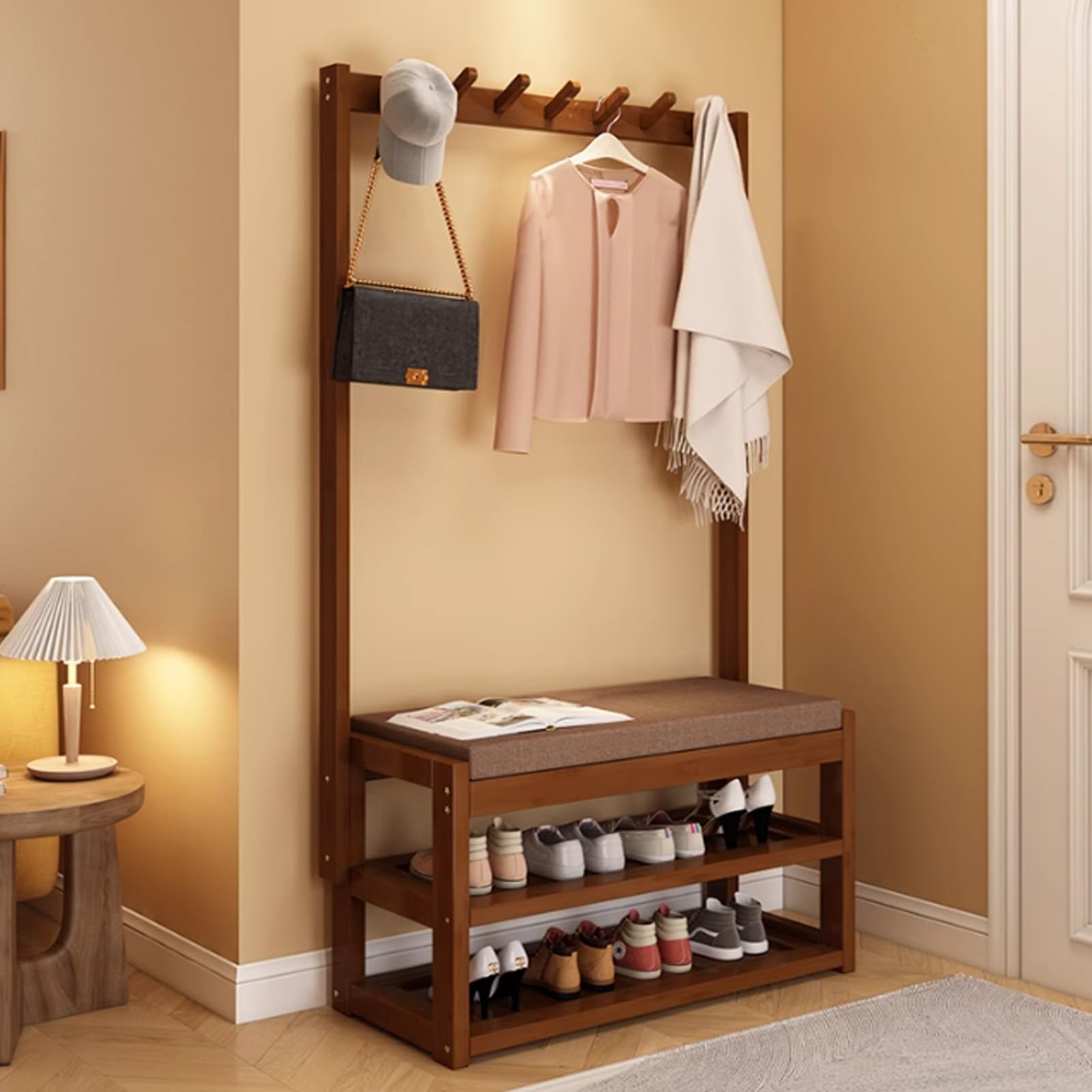 GHFXSCV 3-in-1 Bamboo Clothes Rack & Hall Tree with Shoe Bench, Entryway Sto with Hoo, Garment nizer for Living Room & Bedroom (70cm/27.5in)