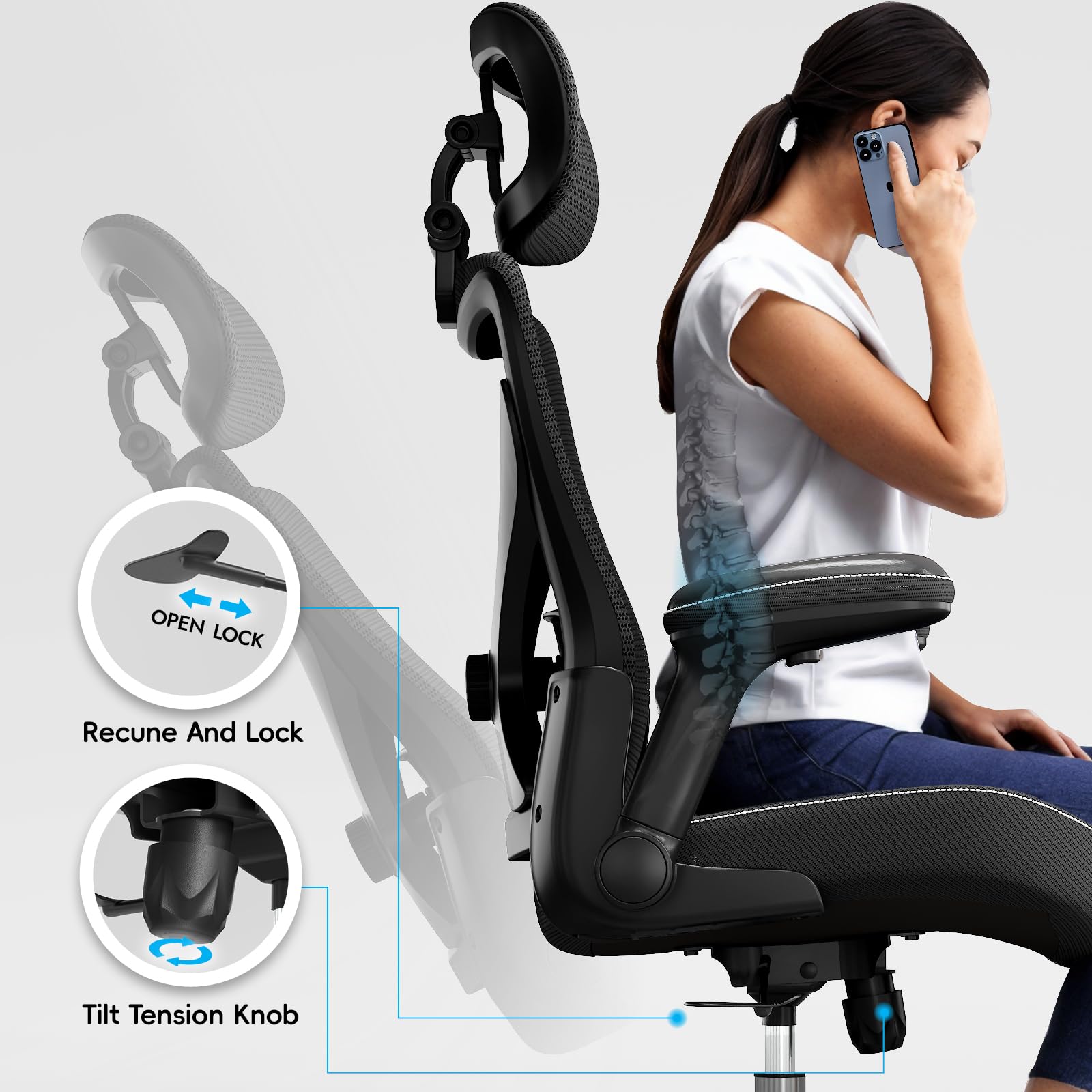 TRALT Bürostuhl - Ergonomischer Bürostuhl mit Verstellbare Lordosenstütze Kopfstütze Office Desk Chair - Gaming Stuhl in X-Form Büro Stuhl - Schreibtischstuhl Computerstuhl 150kg Dark Schwarz