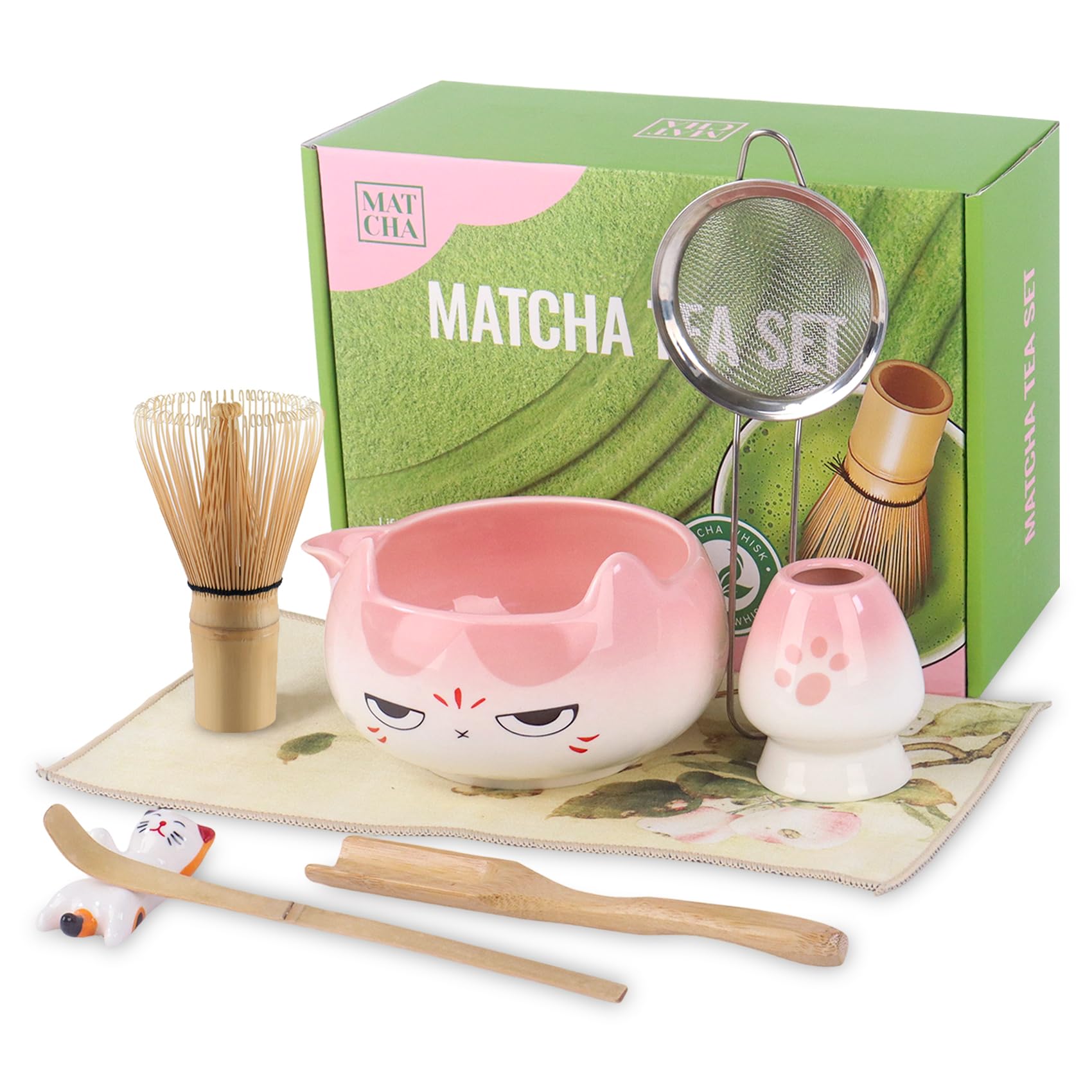 Matcha Set, 8Pcs Ceramic Matcha Whisk Set, Gifts for Women, Matcha Bowl with Cat Design and Whisk, Complete Matcha Kit for Matcha Lovers, Birthday, Anniversary