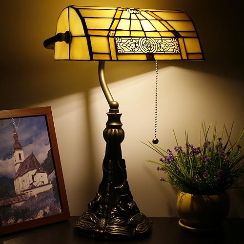 Miniatura 2 de Tiffany Banker - Lámpara de mesa pequeña con vitrales, estilo Tiffany, piano, amarillo claro, estilo misión, lámpara de escritorio, ángulo