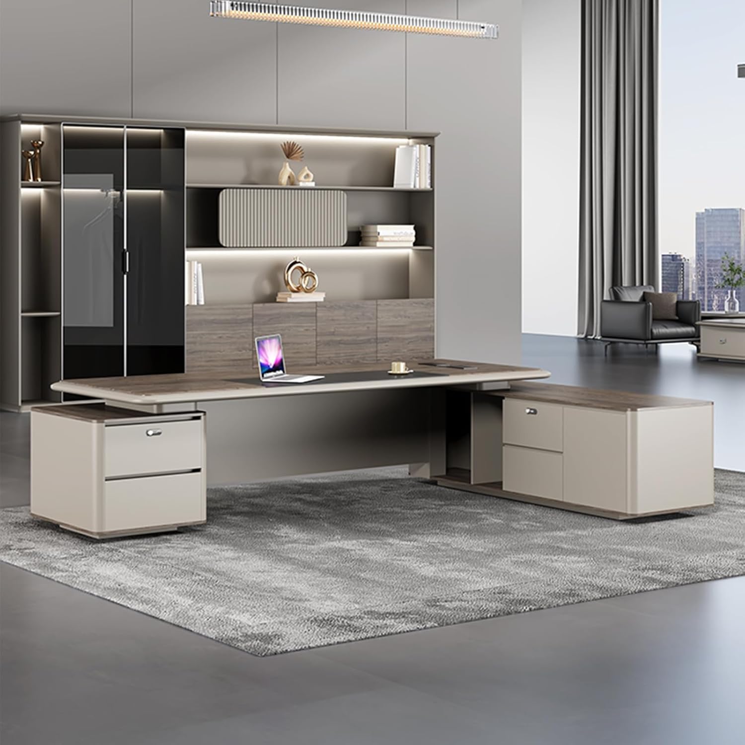 L Shaped Grey Computer Desk Executive Office Desk with Lateral Cabinet Study Writing Table Business Furniture Set for Home Office