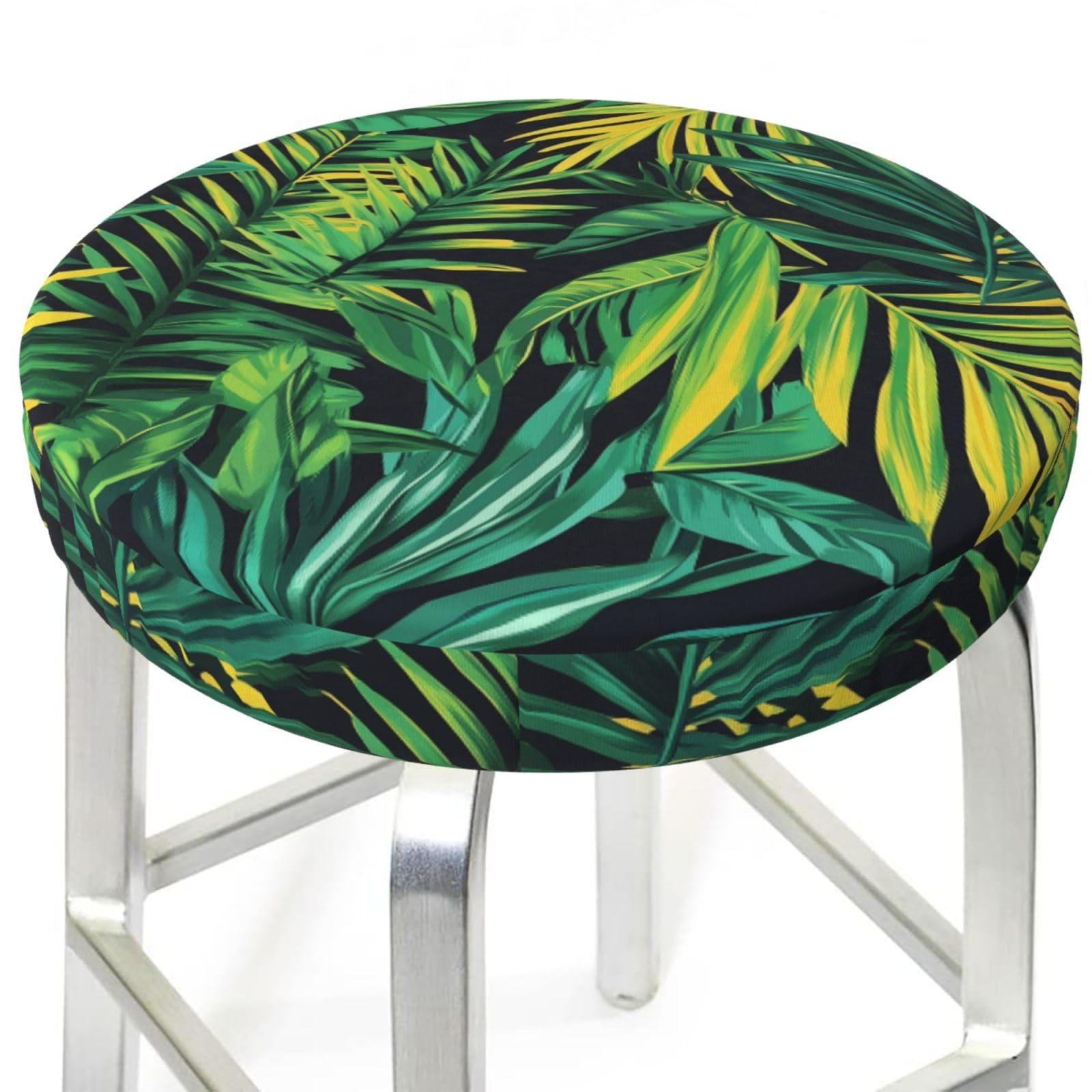 FireDeer Colorful Tropical Leaves Pattern Round Bar Stool Cover Waterproof Stool Slipcover Anti-Slip Seat Cover Cushion 13 Inch