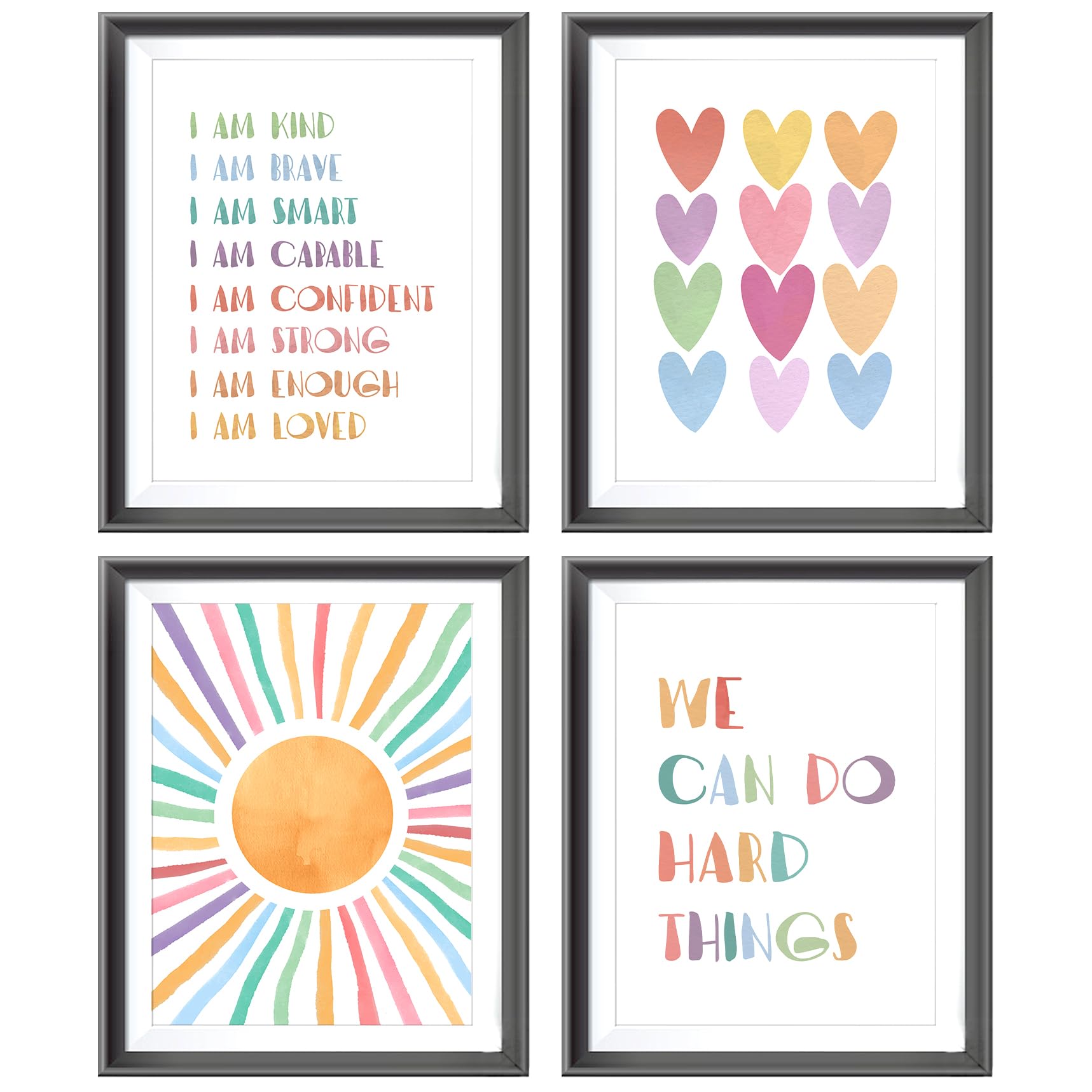 I am Kind Brave Smart Affirmations Colorful Sun Sunshine Hearts Poster Prints for Girls Kids Room Playroom Decor,Girl Nursery Decorations Prints Wall Art Unframed 4pcs,Girls Kids Gifts (12x16 in)
