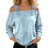 Women's Casual Washed Denim Cold Shoulder Buckle Strap Long Sleeve Blouse, Off-The-Shoulder Strapless Denim Shirt