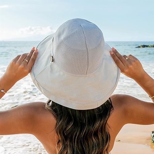 Miniatura 5 de Sombreros de malla para mujer, para verano, protección UV, ala ancha, gorra de pesca para playa, correa de barbilla de ala ancha