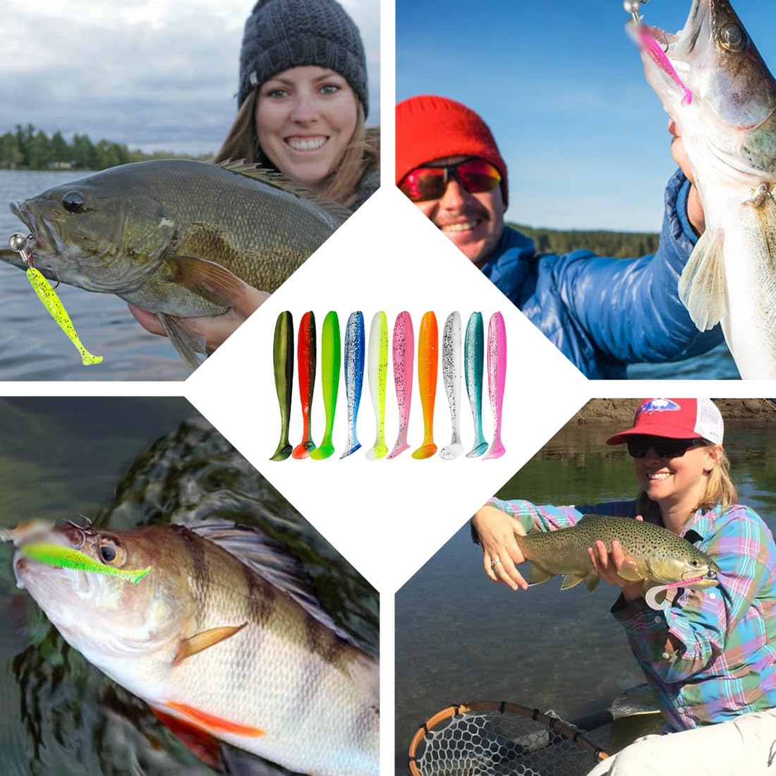 100 esche siliconiche 7cm, 10 colori, soft lure per pesca trota, persico, luccio, spinning, accessori pesca acqua dolce e lago