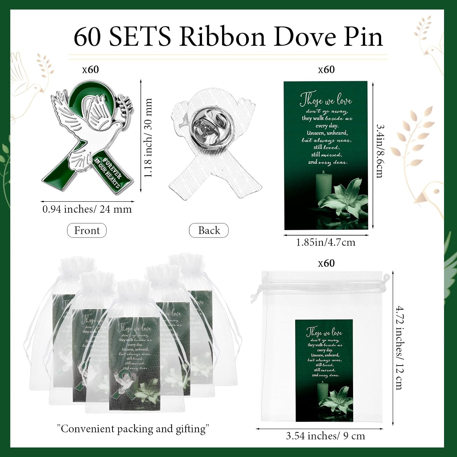 60 Set Funeral Ribbon Dove Pins Funeral Favors for Guests Awareness Lapel Pin Brooch with Prayer Cards Organza Bags for People in Mourning Remembrance Day Event