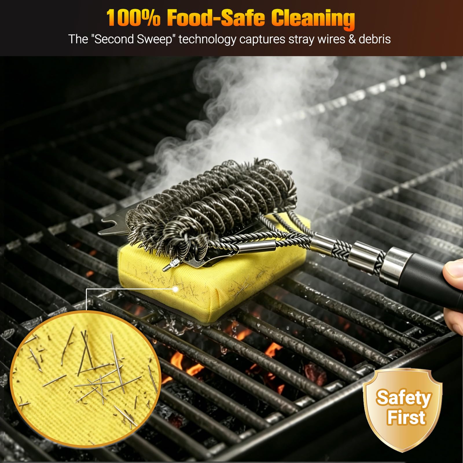 Spazzola magnetica 3 in 1 senza setole e raschietto con manico e blocco, 45,7 cm, rimovibile per barbecue per griglia, essenziale per barbecue estivo 2026, nero